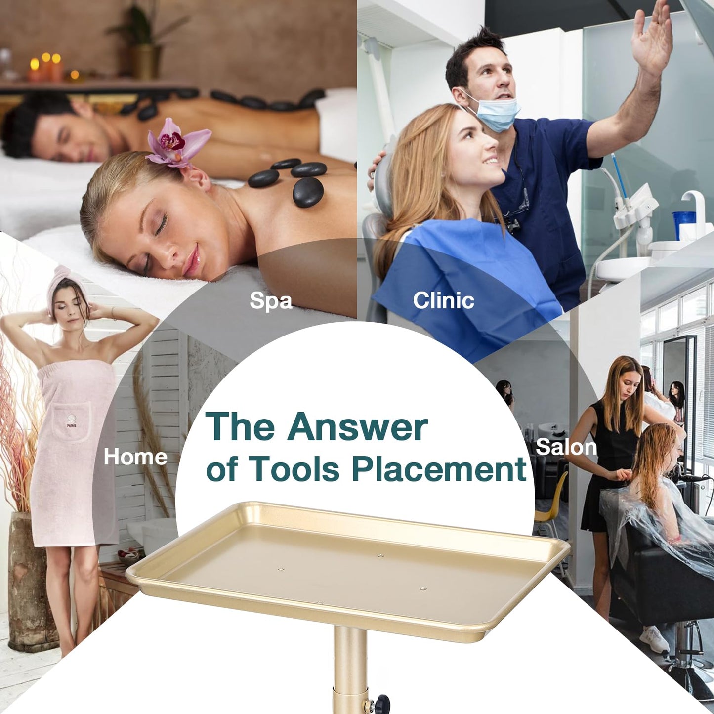 Salon Tray on Wheels, Champagne Gold Salon Tray Cart with Adjustable Height, Hair Stylist Tray, Premium Metal Tattoo Tray, Suitable for SPA and Dental Tray