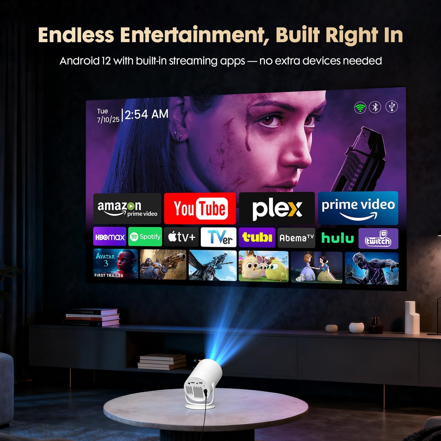 WISHOLY 1080P Mini Projector with WiFi 6 and Bluetooth [Built-in App & Electric Focus] Portable Outdoor Projector, 180° Rotatable Short Throw Movie Projector Compatible with Smartphone, HDMI, USB