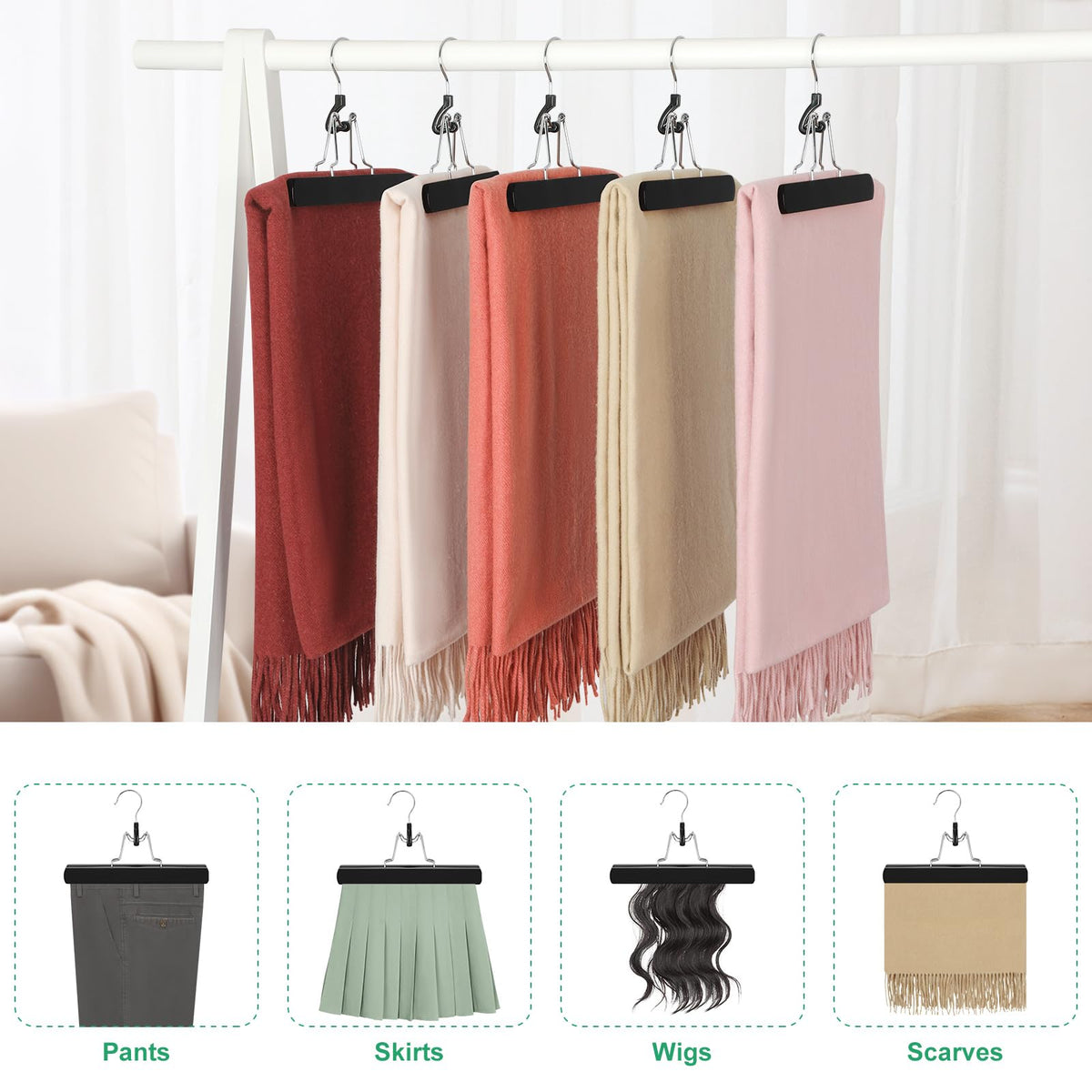 TOPIA HANGER 12 Pack Wooden Pants Hangers, Hair Extension Hangers Non Slip Skirt Hanger Wood Clamp with Velvet Padded 360° Swivel Hook for Jeans, Skirts, Trousers, Wigs CT67B