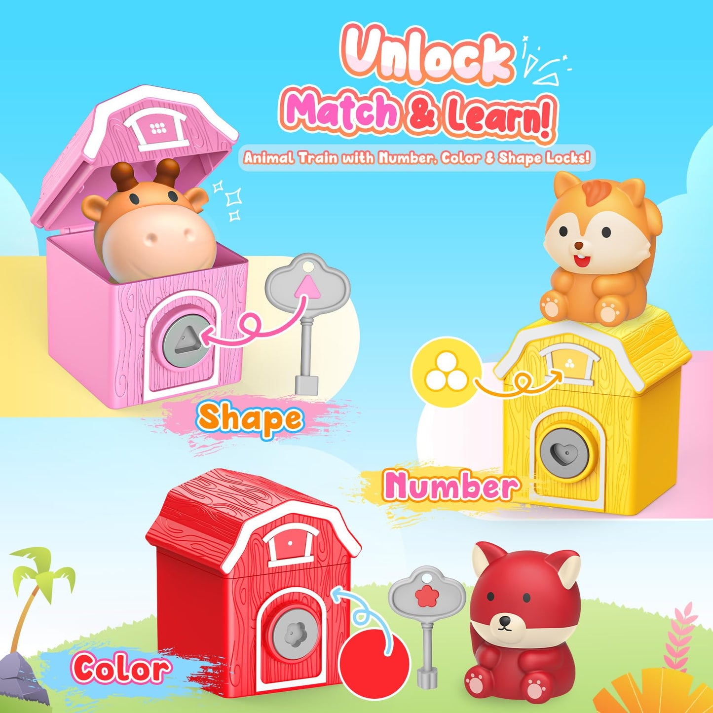 Luckades Toddler Animals Montessori Toys for 2 3 4 Year Old Boy Girl, Learning Farm Train Set with Counting Matching & Sorting for Kids 2-3 3-5 Preschool Christmas Birthday Baby Boy Girl Gifts