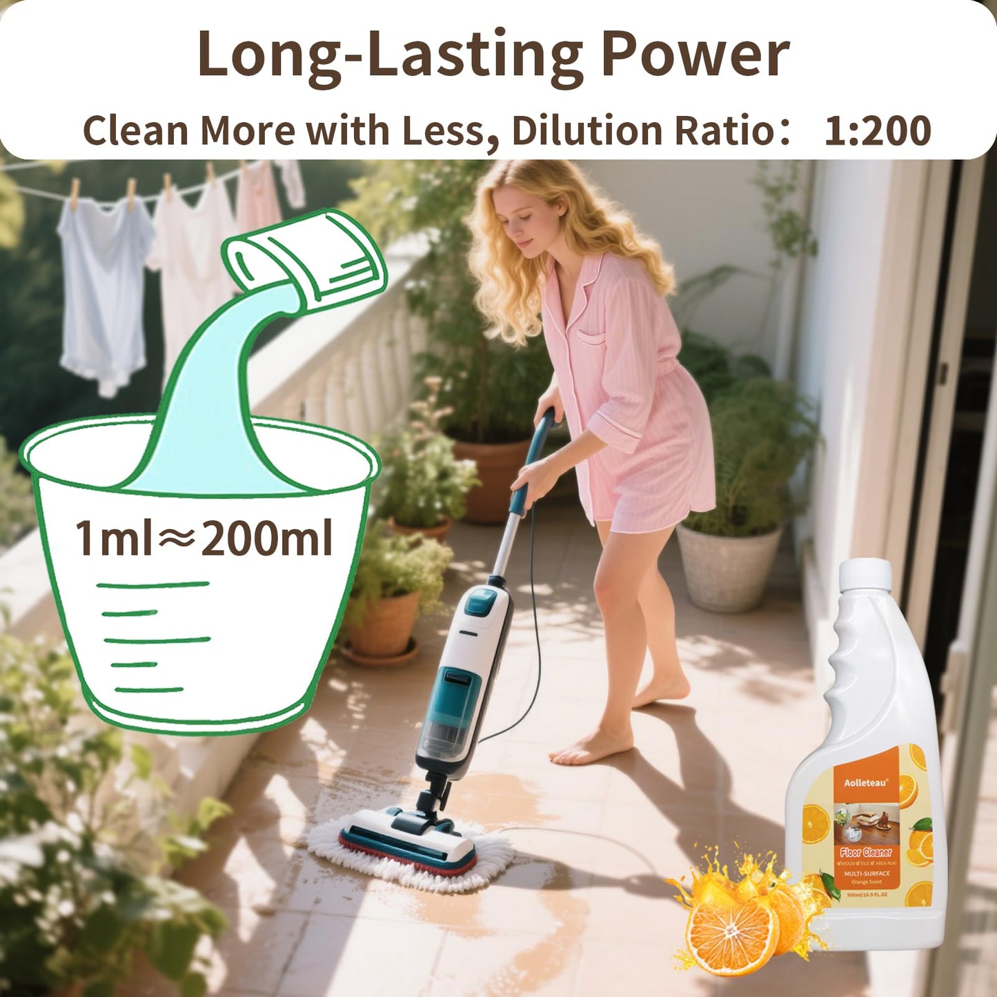 Robot Mop Cleaning Solution Concentrate Compatible with Robot Vaccum, Wet Dry Vacuums, for Roborock, Tineco, Dreame, Narwal, Shark, Bissell Mops, 1L, Dilution Ratio 1:200, Orange Scent