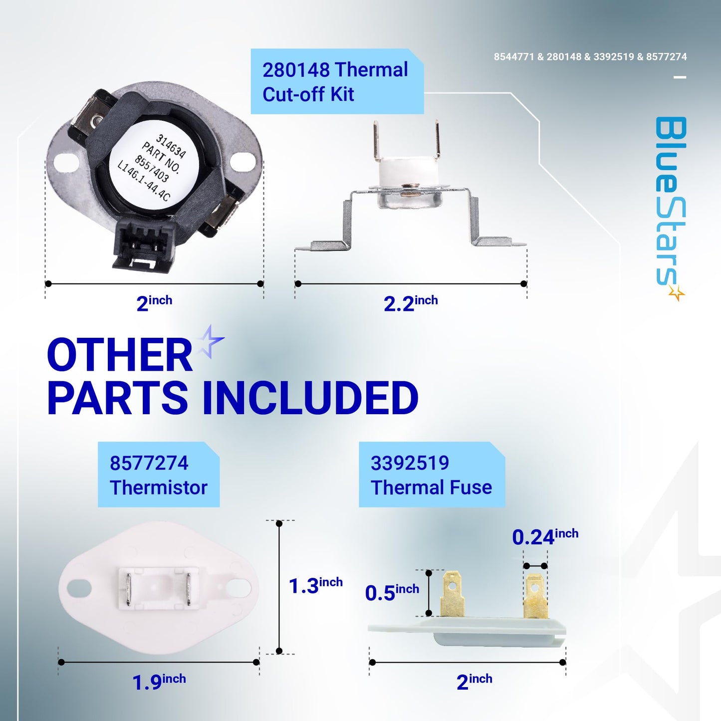 8544771 Heating Element 280148 (8557403 & 8318314) Thermal Cut Off Kit 3392519 Thermal Fuse 8577274 Thermistor Dryer Repair Kit Replacement by Blue Stars - Exact Fit For Whirlpool & Kenmore Dryers