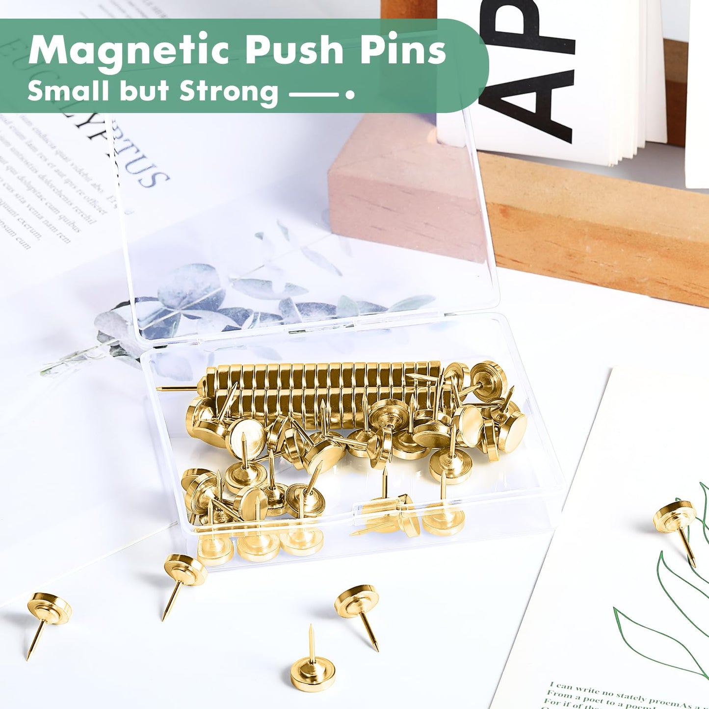 GOOLADA 50 Sets of Magnetic Flat Push Pins, Gold Magnetic Pins, Flat Thumb Tacks,Cute Push Pins for Wall,Gold Thumbtacks for Cork Board, Poster Hanger for Bulletin Board