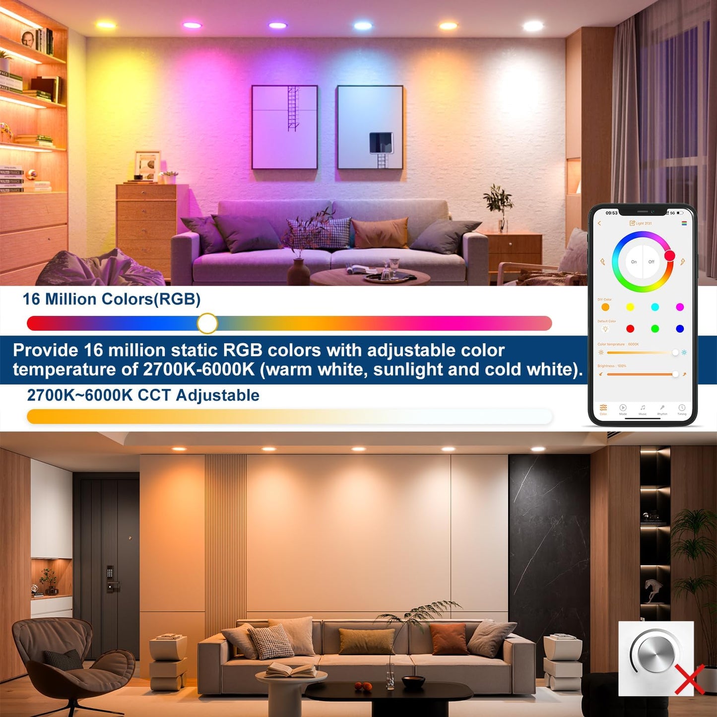 SikSog Smart Recessed Lighting 4 Inch 12W Black Pot Lights RGBCW Color Changing LED Downlight with Junction Box,1000 Lumen Recessed Ceiling Light Compatible with Alexa,Dimmable by Bluetooth -6Pack
