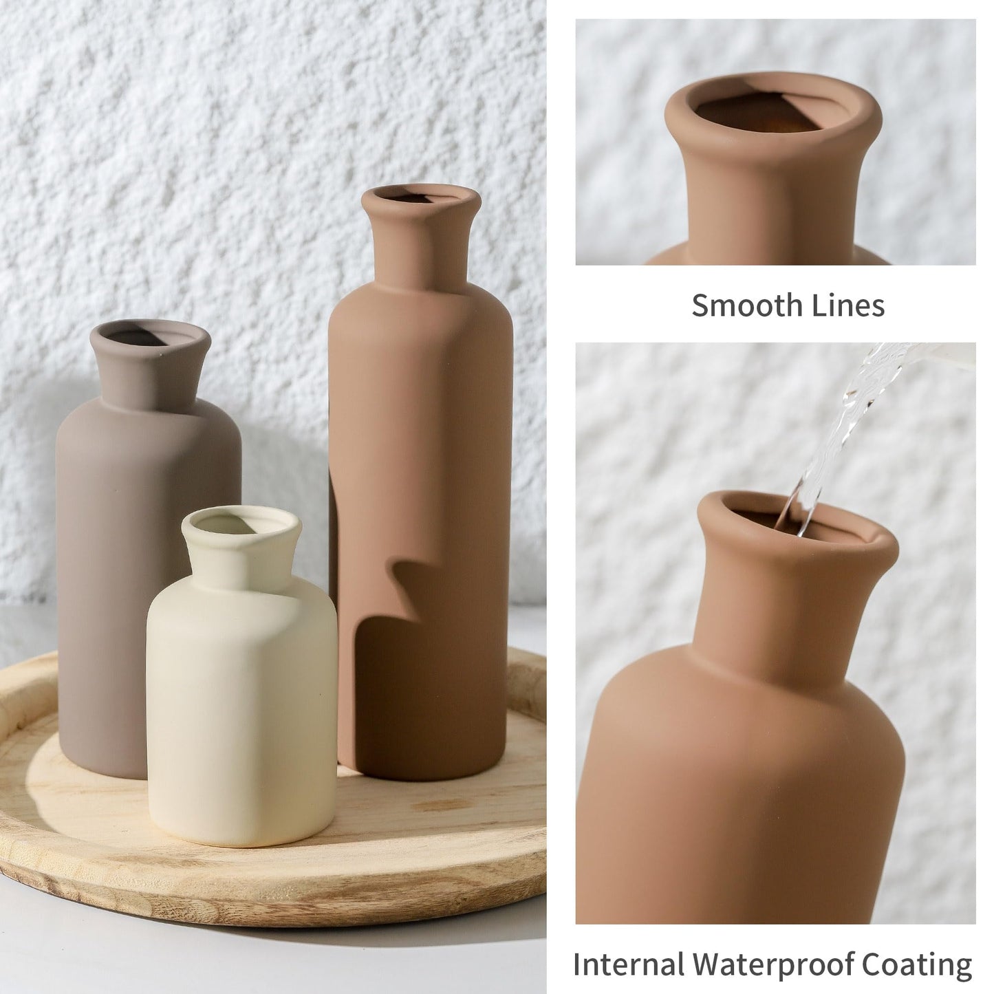Vase Set of 3, Ceramic Vases Neutral Modern Vases Home Decor Rustic Farmhouse Decor Flowers Pampas Vase for Table Mantel Entryway Shelf Living Room Kitchen Bathroom - Brown