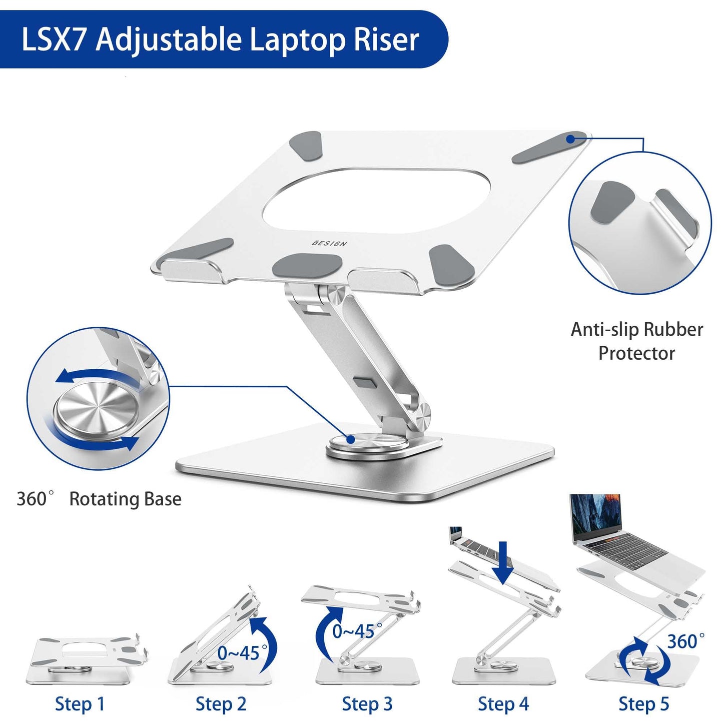 BESIGN LSX7 Laptop Stand with 360° Rotating Base, Ergonomic Adjustable Notebook Stand, Riser Holder Computer Stand Compatible with Air, Pro, Dell, HP, Lenovo More 10-15.6" Laptops, Lapdesk, Silver