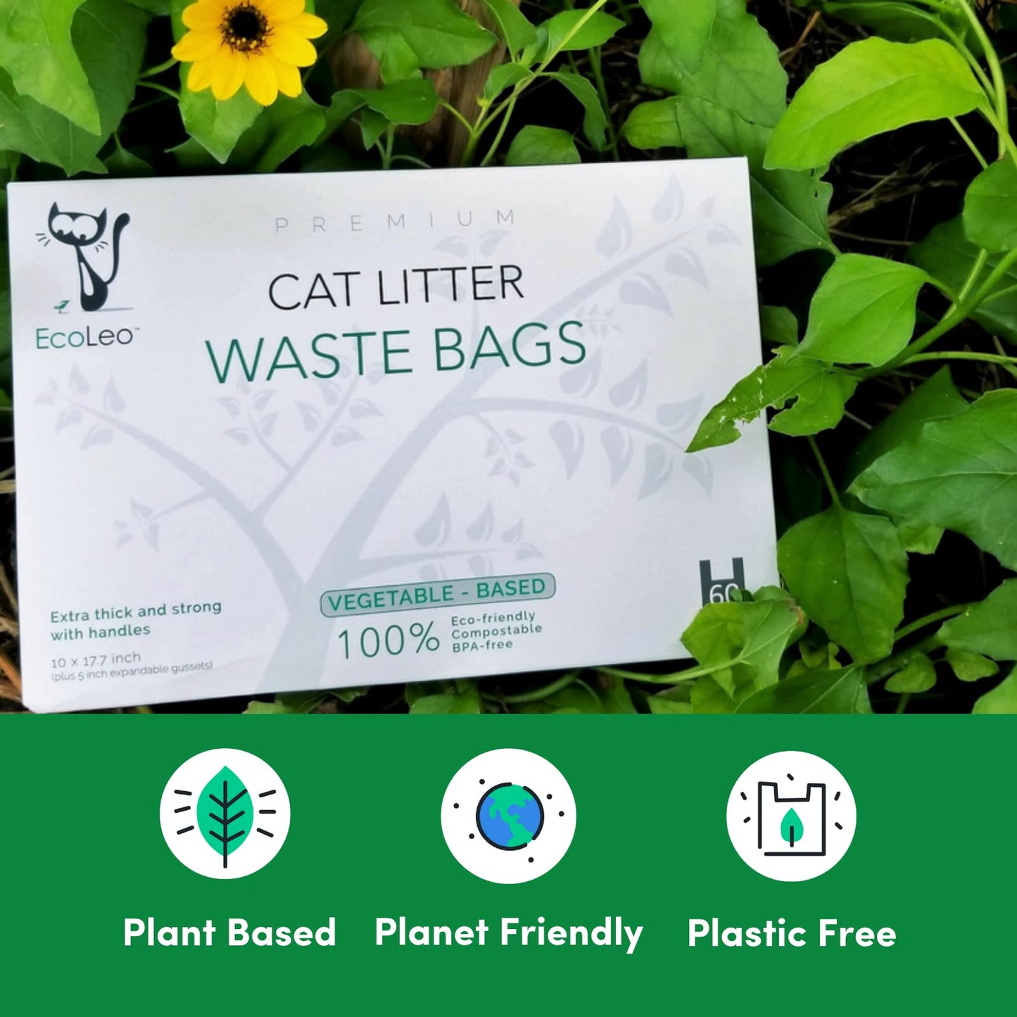 EcoLeo Cat Litter Waste Bags - X-Large, Compostable, Plastic-Free, Thick, Leak Proof, Pet/Dog Poop Bags with Easy-Tie Handles,10.5 x 18.5 inch (120 Count)