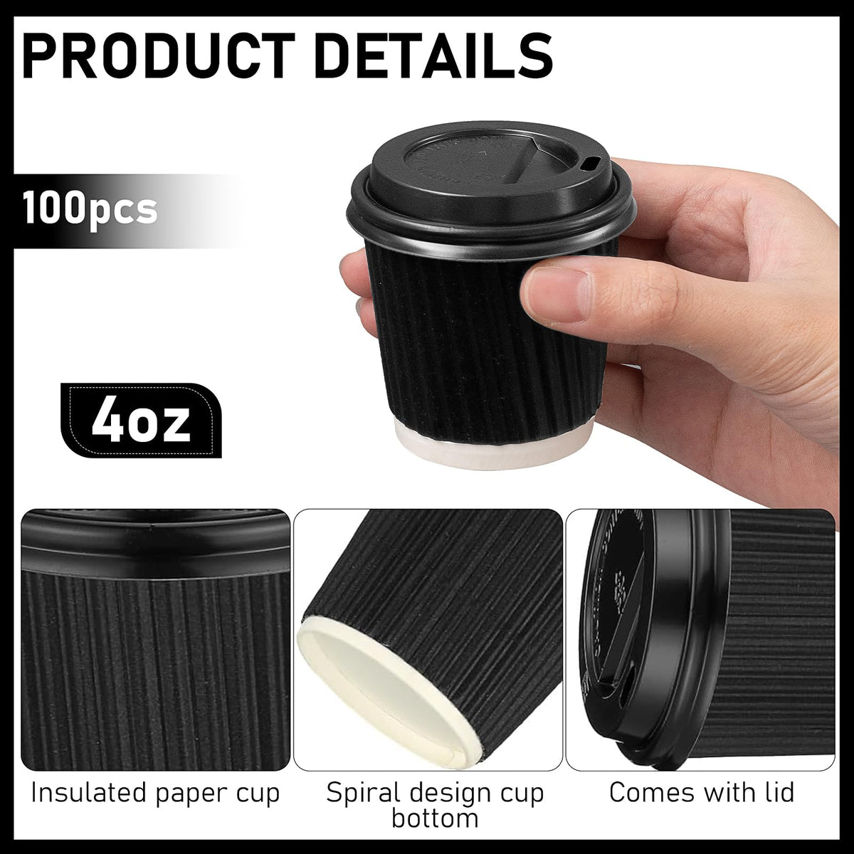 100 Set Paper Espresso Cups with Lids, 4oz Disposable Coffee Cups, Small Hot Drink Tea Cup, Insulated to Go Coffee Cups for Cocoa, Hot Chocolate, Milk, Iced Tea, Cold Drinks, Juice, Water - Black