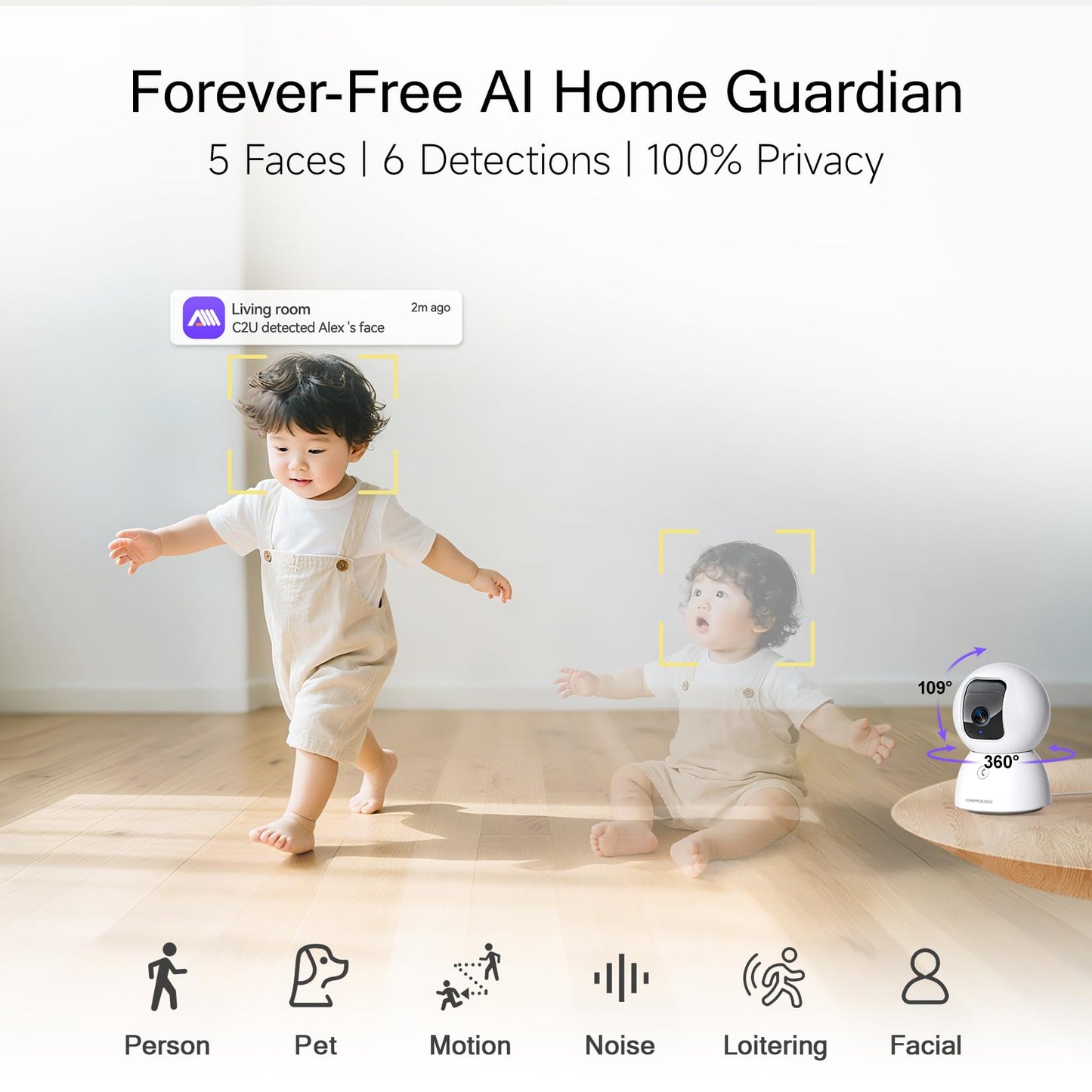 CINMOORE 5G Security Camera Indoor 2-Pack, No-Monthly-Fee AI Tracking Facial Recognition, 3K Pet/Dog Camera with Speaker/Phone App, PTZ WiFi Baby Monitor Cameras for Home Security, 0-Glow Night Vision