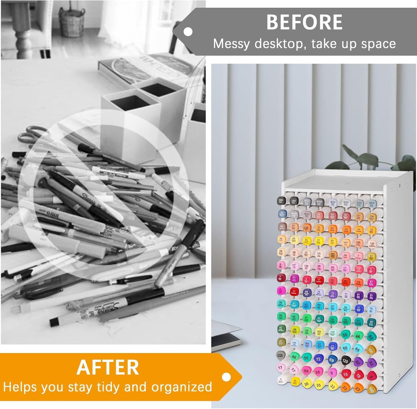 QOOWFEANIG Plastic Marker Organizer - 120 Slots Multipurpose Art Marker Rack with Removable Divider
