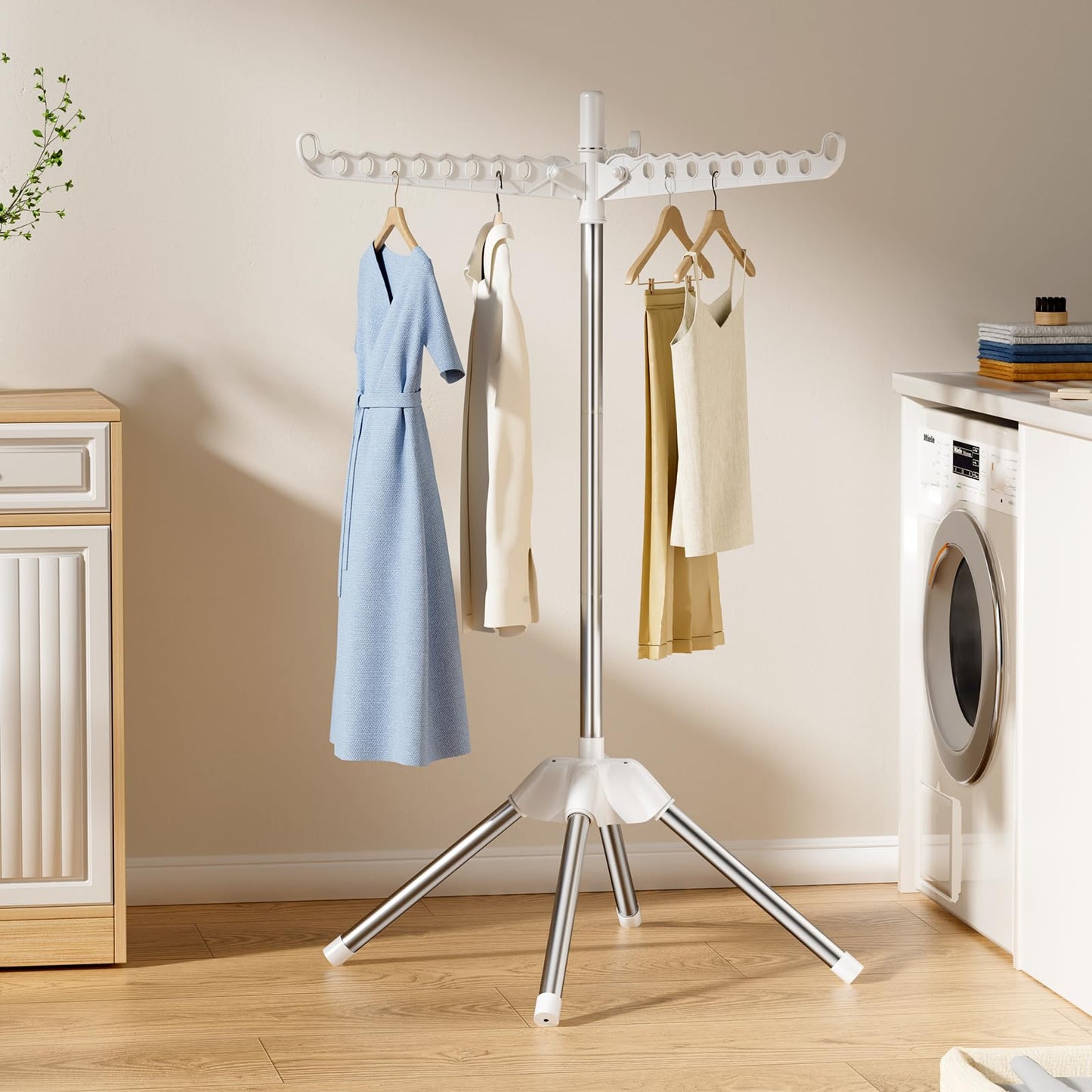 Abiglifty Clothes Drying Rack, 60-Inch Foldable and Rotatable Clothes Drying Rack, Folding Laundry Rack with 3 Rotatable Arms, Free Standing Laundry Racks for Indoor or Balcony Use, 154 cm H, White