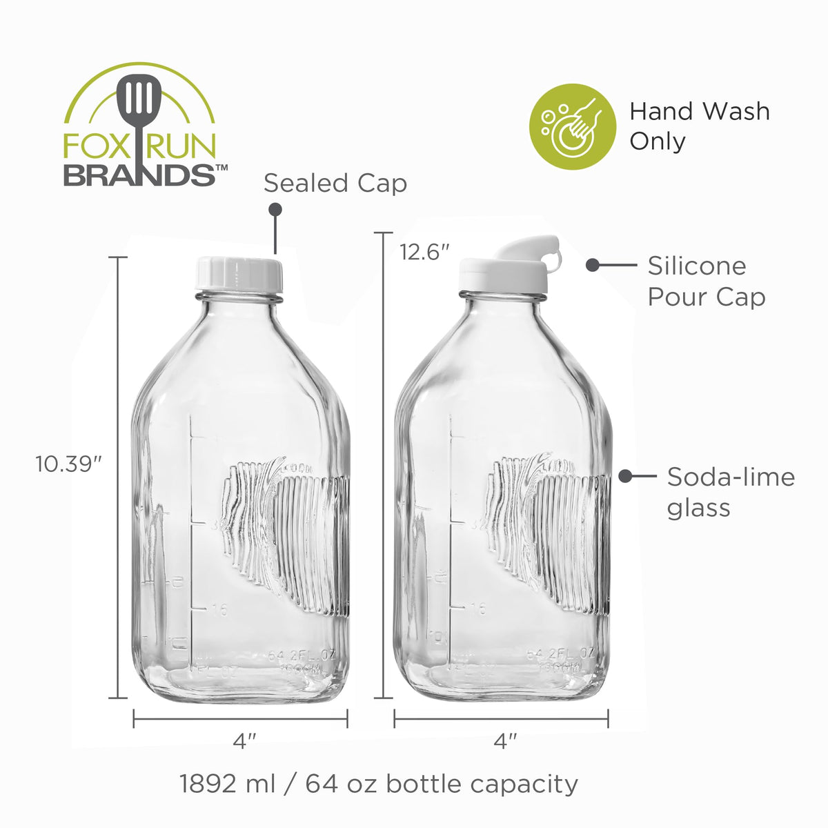 Fox Run Large Glass Milk Bottles, Set of 2 64oz/2 Quart Capacity Glass Bottles with Airtight and Pouring Lids