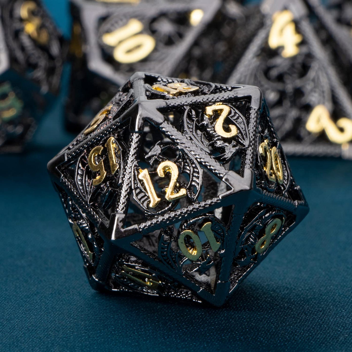 ARUOHHA Hollow Metal DND Dice Black Gold Dragons Dice Set with Gift Box, Compatible with D&D RPG Role Playing Game, Dungeons Polyhedra D and D Dice D20 D12 D10 D8 D6 D4