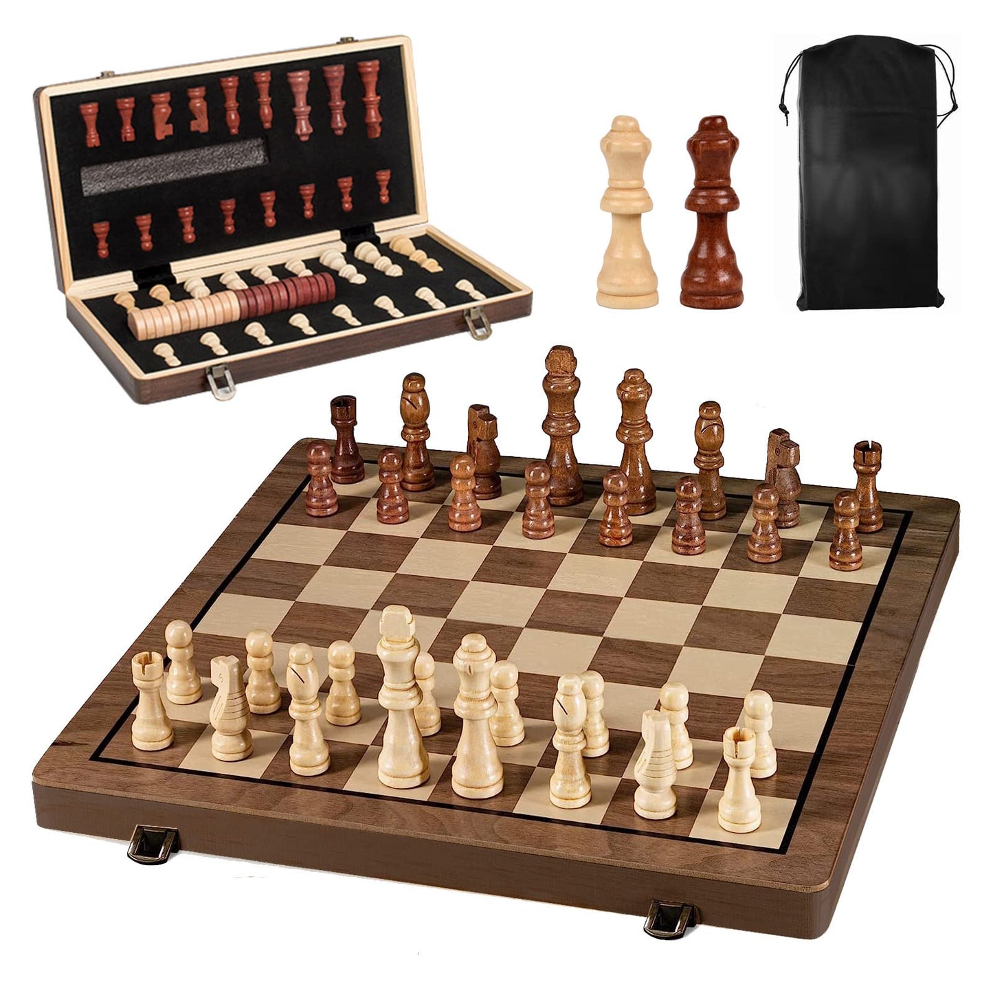 kawaiicrocodile Magnetic Wooden Chess Set, 15'' Folding Chess Board Set with 1 Storage Bags and 2 Extra Queens, Gifts for Man, Women, Beginner (Walnut)