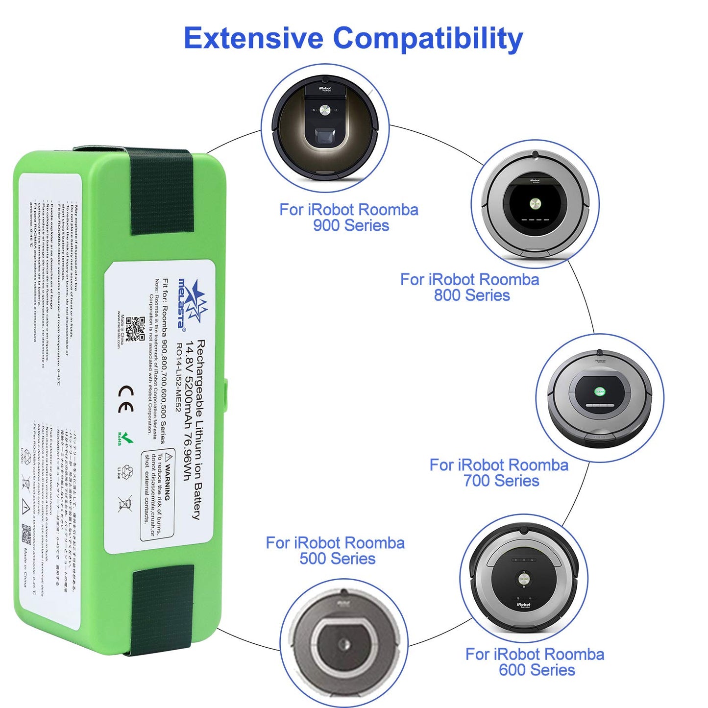 melasta 14.8V 5200mAh Lithium ion Battery Replacement Compatible with iRobot Roomba 980 960 985 690 801 850 860 870 880 891 895 770 780 790 640 650 652 655 665 670 671 675 680 685 695