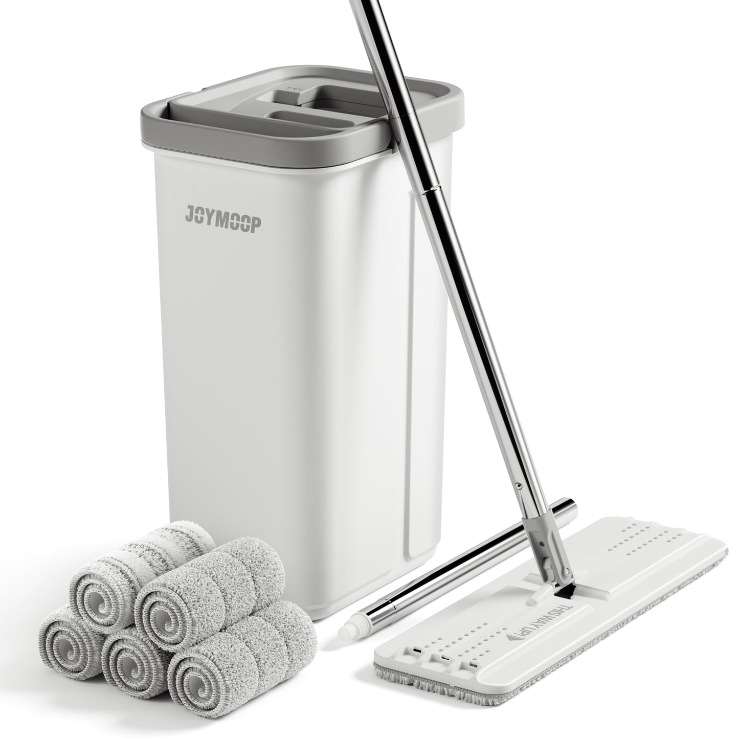 JOYMOOP Mop and Bucket with Wringer Set, White Flat Squeeze Mop Bucket Set for Floor Cleaning, Wall Cleaner with Long Handle, Hardwood Floor Mop, Flat Head Mops -5 Microfiber Cloths
