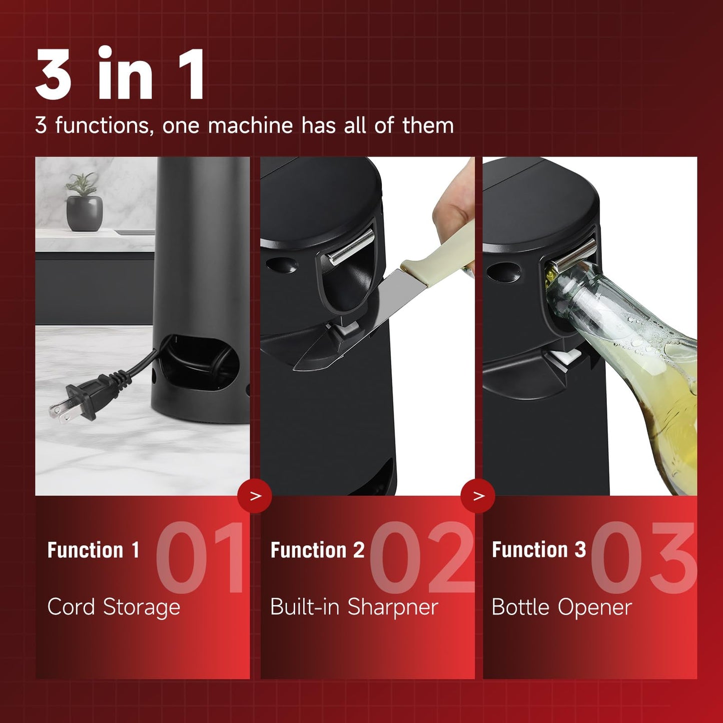 Davivy Can Opener Electric Extra-Tall, Stainless Steel 3-in-1 Can Opener with Knife Sharpener & Bottle Opener, Automatic One-Touch Operation, Wide Stable Base, Cord Storage (Stainless Steel + Black)