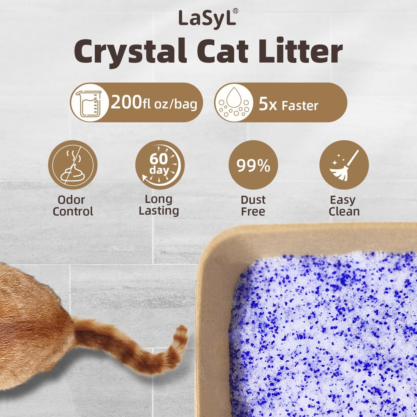 LaSyL Premium Crystal Cat Litter - 8.6 lb, Two Months Lasting - Superior Odor Control & Absorption, Non-Clumping, Low Tracking Silica Gel Safe for Pet, White & Blue (2 Bags of 4.3 lb)