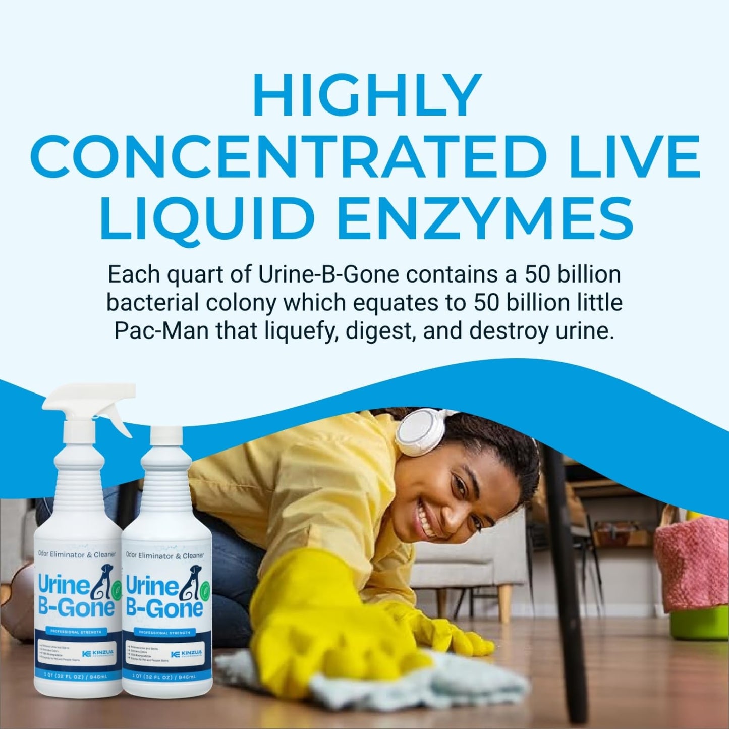 Kinzua Environmental Urine B-Gone, Professional Enzyme Odor Eliminator & Pet Stain Remover, Human, Cat & Dog Urine Cleaner, Effective on Laundry, Carpets & More, Original Scent, 32oz, Pack of Two