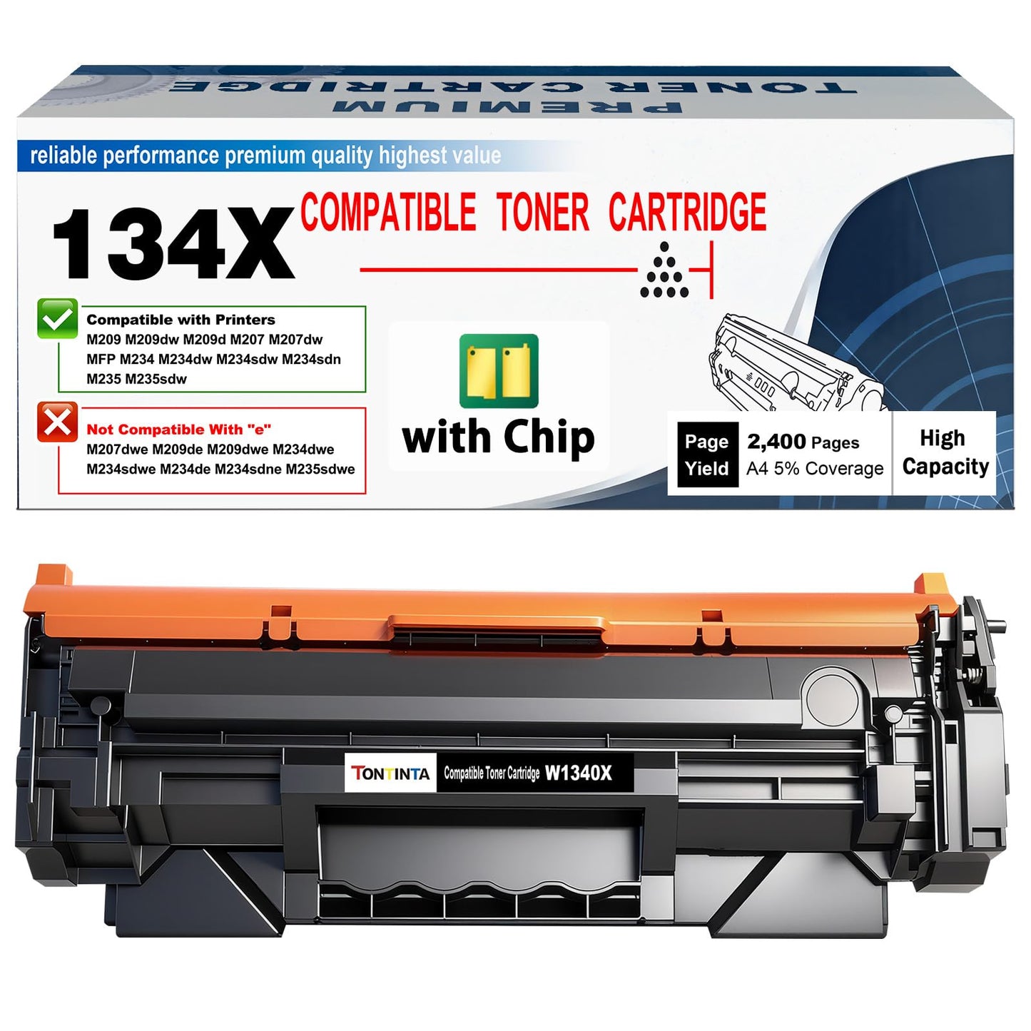 TONTINTA 134X W1340X ( 134A W1340A ) Compatible Toner Cartridge [with CHIP] High Capacity 2400 Pages Black for M209 M209d M209dw M207dw M234d M234dw M234sdw M234sdn M235sdw Printer (1 Pack)