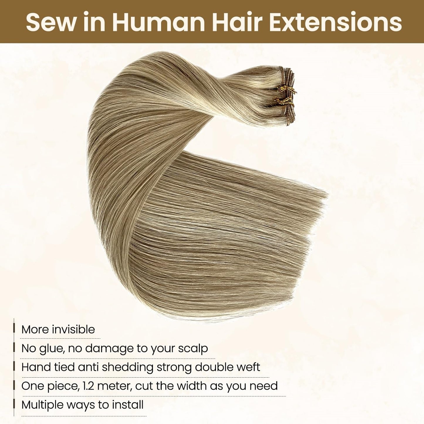 Sew in Weft Hair Extensions Real Human Hair 20 Inch 100G Ash Blonde with Platinum Blonde Highlights Weave Bundles for White Women Color #18/60 Hand Tied Weft Sew in Remy Wefts Extension