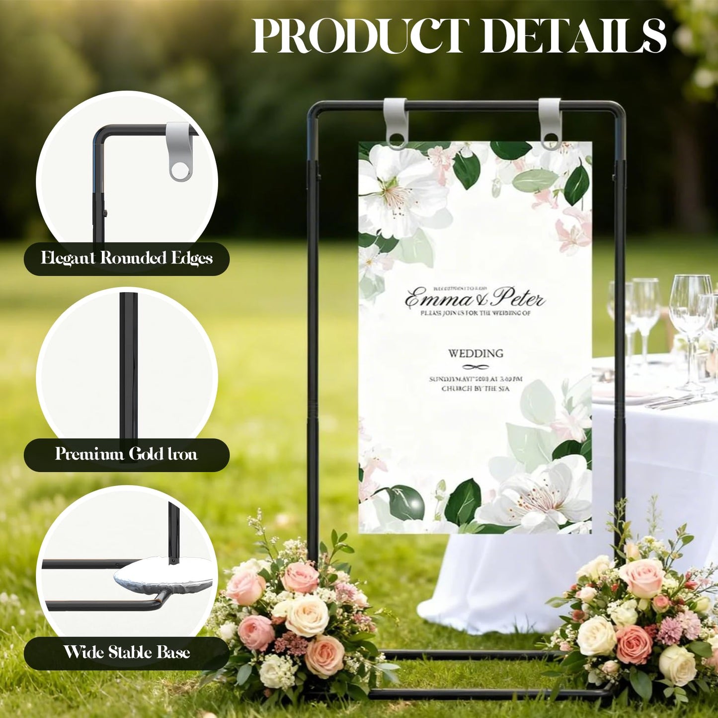 Wedding Welcome Sign Stand, Adjustable Welcome To Our Wedding Sign Stand, 70”x 31”x 20”Welcome Sign Holder with 4 Leather Sign Hanging Straps, Wedding Seating Chart Stand, Easel for Display, Black