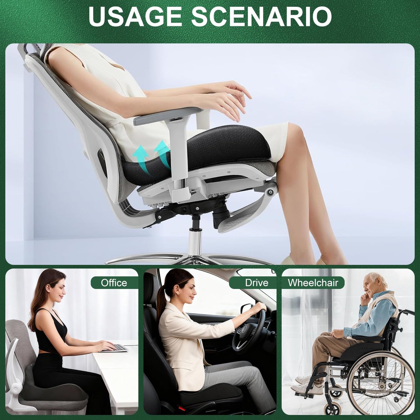Seat Cushion, Large Size Office Chair Cushion for Work Home Driving, Memory Foam Sciatica Pressure Relief, Office Chair Cushion for Wheelchair Car, Best Gifts for Senior Women Men