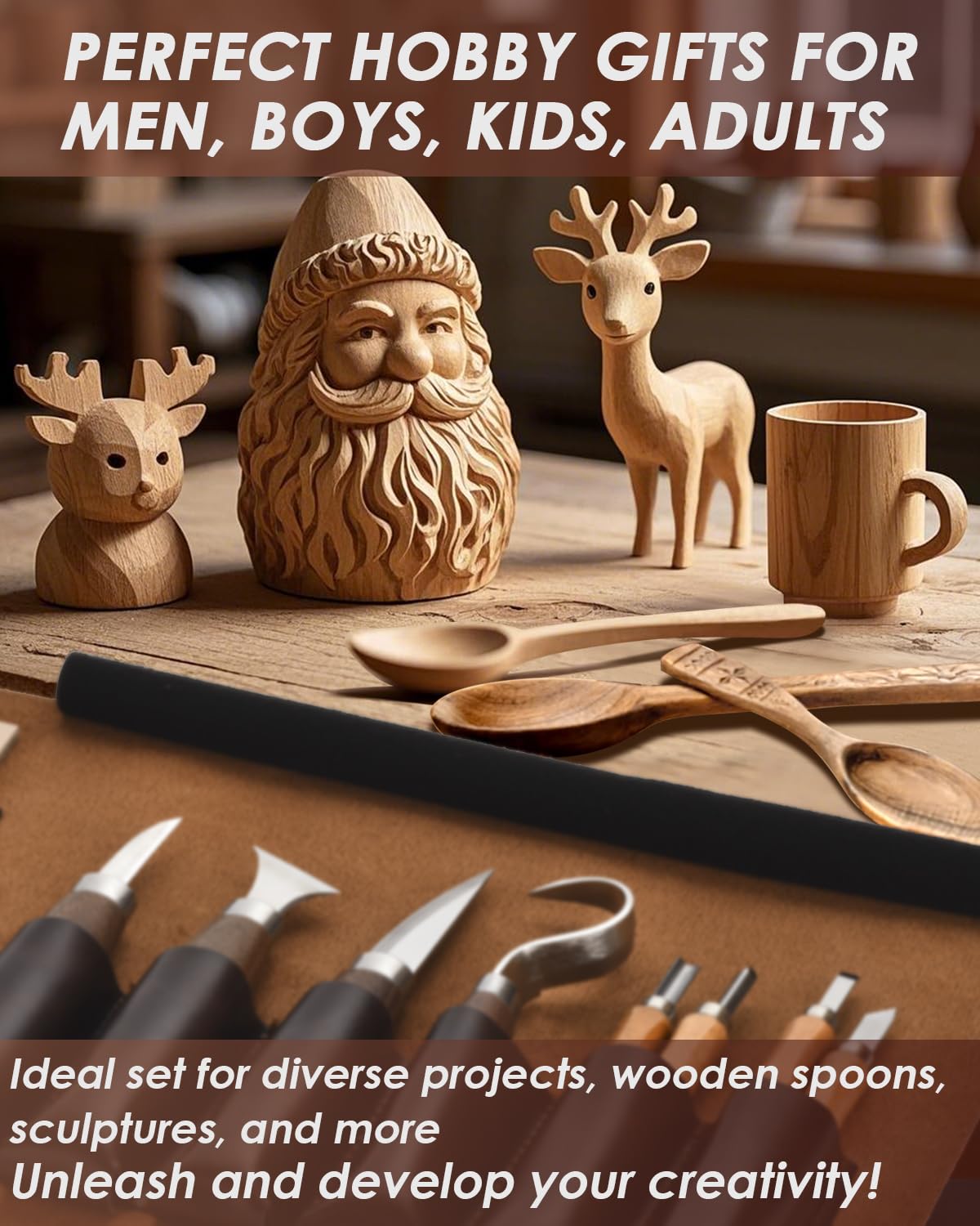 EasyTime Wood Carving Tools Kit: Deluxe Wood Whittling Set with PU Leather Case - Woodworking Knives with Basswood Blocks & Instructions, Hobby Gift for Adults Kids Beginners DIY