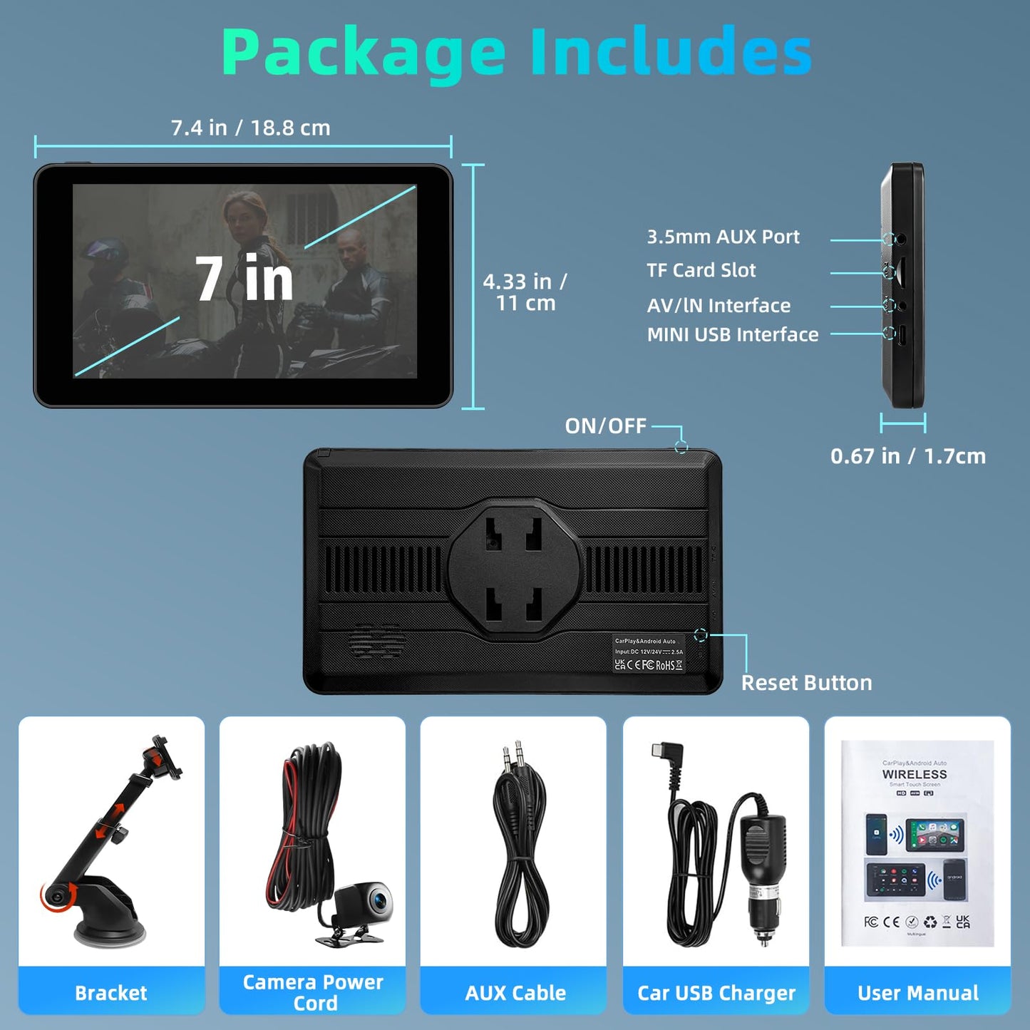 7 Inch Apple Carplay Screen for Car, Wireless Carplay Touchscreen for Apple Car Play and Android Auto with 1080P HD Backup Camera, Bluetooth, FM, AUX, Voice Control, Mirror Link, GPS Navigation