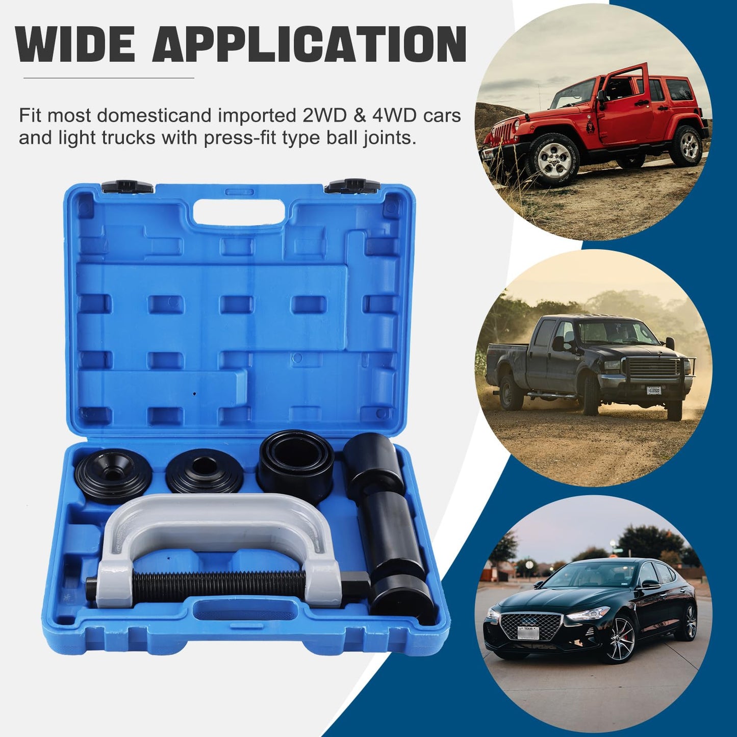 DASBET 4-in-1 Heavy Duty Ball Joint Press & U Joint Removal Tool Kit with 4x4 Adapters 10PCS Universal Ball Joint Service Tool Set for Most 2WD and 4WD Cars, Trucks, and SUVs