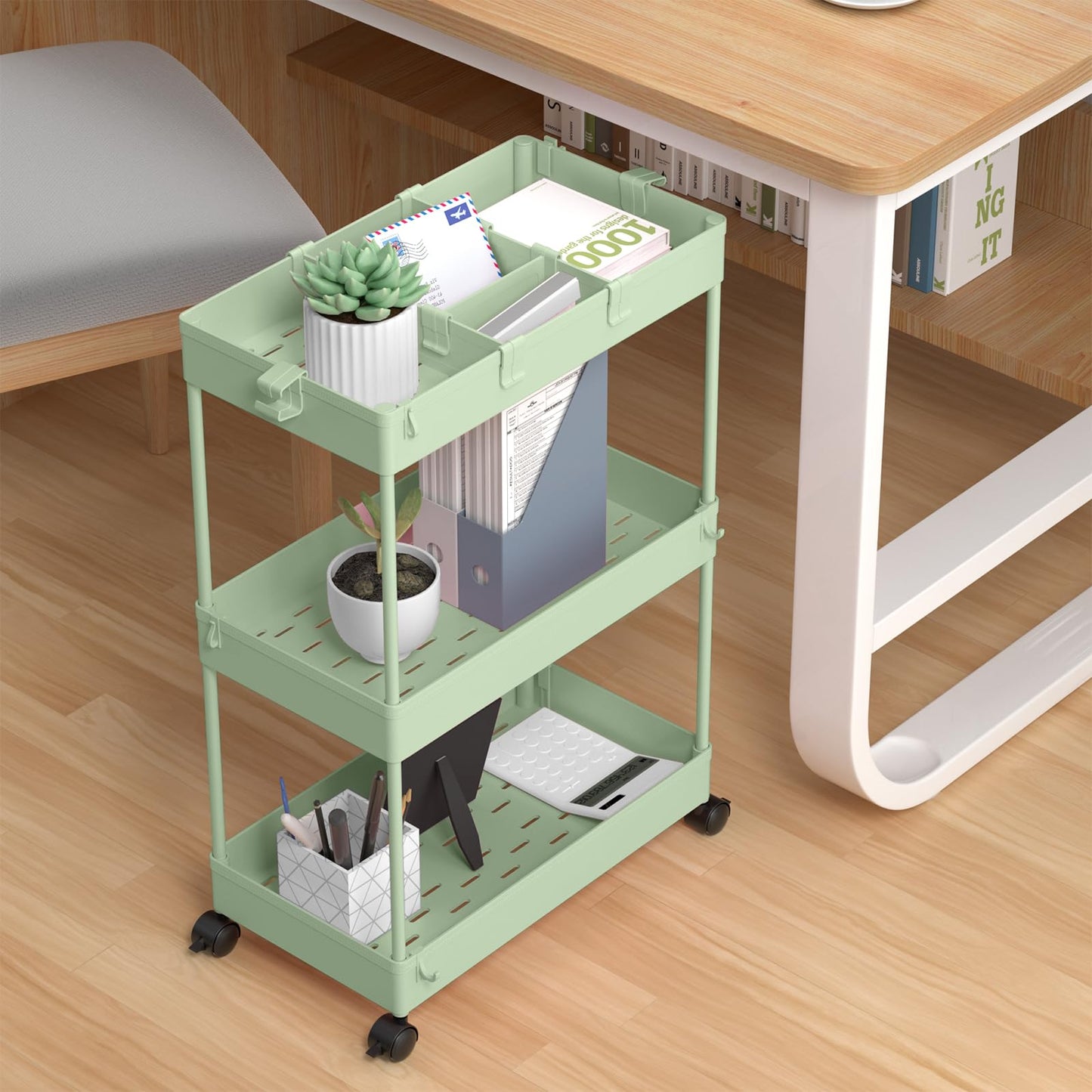 SPACELEAD Slim Storage Cart,3 Tier Bathroom Rolling Utility Cart Storage Organizer Slide Out Cart, Mobile Shelving Unit Organizer Trolley for Office Bathroom Kitchen Laundry Room Narrow Places, Green