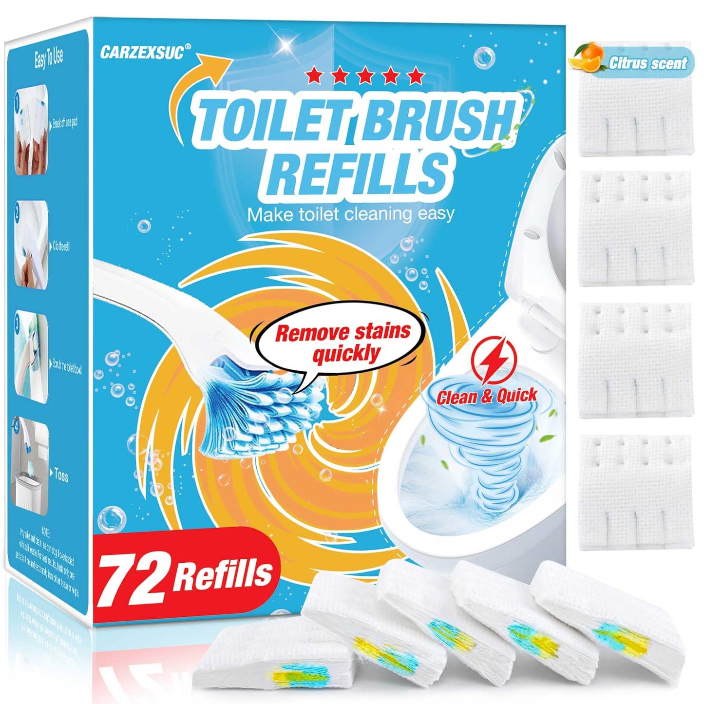CARZEXSUC Toilet Cleaner Refill Pads Citrus Scent Enhanced Odor Control 72 Count Toilet Scrubber Refill Clean Stains Disposable Toilet Brush Refill for Toilet and Bathroom