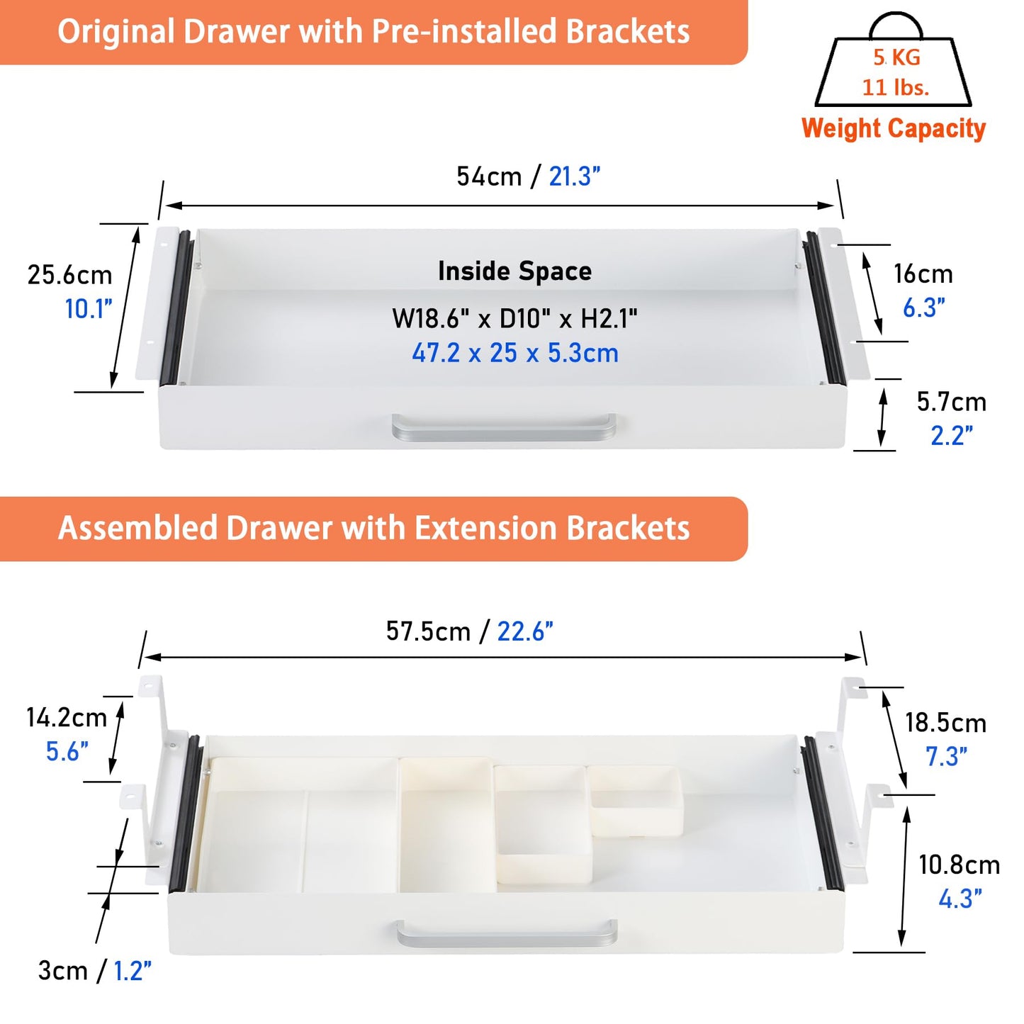 OSteed Under Desk Drawer White 54cm with 4 Divider Trays, Metal Pull Out Storage Drawer for Workbench, Standing Desk Drawer Attachment, Attachable Desk Organizer, Under Shelf Pencil Drawer Slide-out