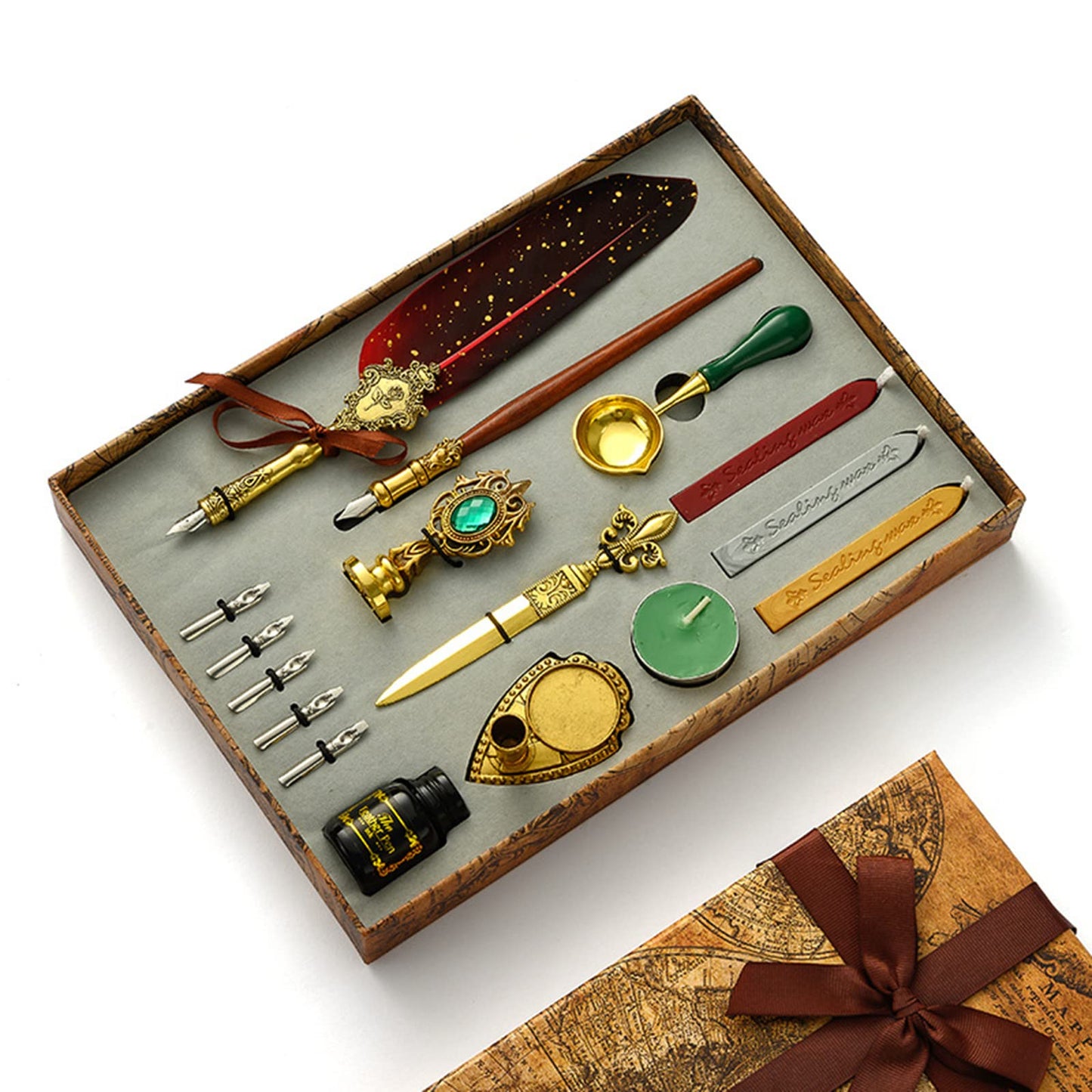VolkRose Quill Pen and Ink Set, Calligraphy Feather Pen Set with Dip Pen, 5 Replaceable Nibs, Ink, Wax Seal Stamp, Wax Seal Stick, Tea Waxes, Envelope Opening Tool, Art Gift for Writing Drawing
