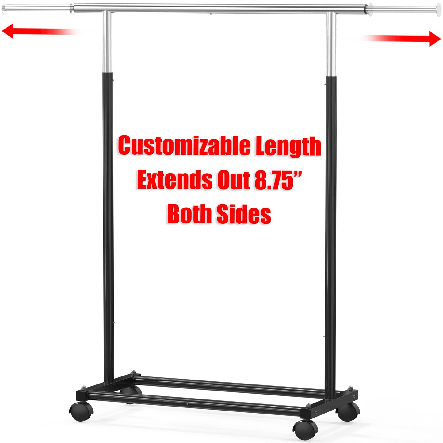 Simple Houseware Standard Rod Garment Rack - Extendable Single Rail Rolling Clothing Organizer for Bedroom, Laundry, Living Room, Black