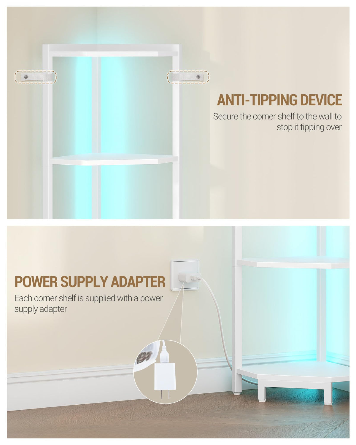 Hzuaneri Corner Shelf with LED Light, 6-Tier Corner Bookshelf, Tall Narrow Display Bookcase with Metal Frame, Standing Shelf for Small Space, Living Room, Home Office, Bedroom, White CS66613W