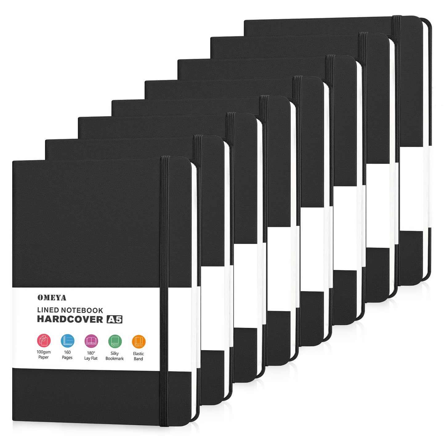 OMEYA 8 Pack Lined Journal Notebooks for Work, 100gsm Thick Paper, 5.7"x 8.3", A5 College Ruled Black Notebook Bulk, Leather Journal for Writing, Hardcover Notebooks for School, Office, Journal for Men