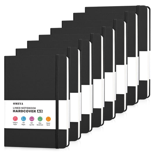 OMEYA 8 Pack Lined Journal Notebooks for Work, 100gsm Thick Paper, 5.7"x 8.3", A5 College Ruled Black Notebook Bulk, Leather Journal for Writing, Hardcover Notebooks for School, Office, Journal for Men