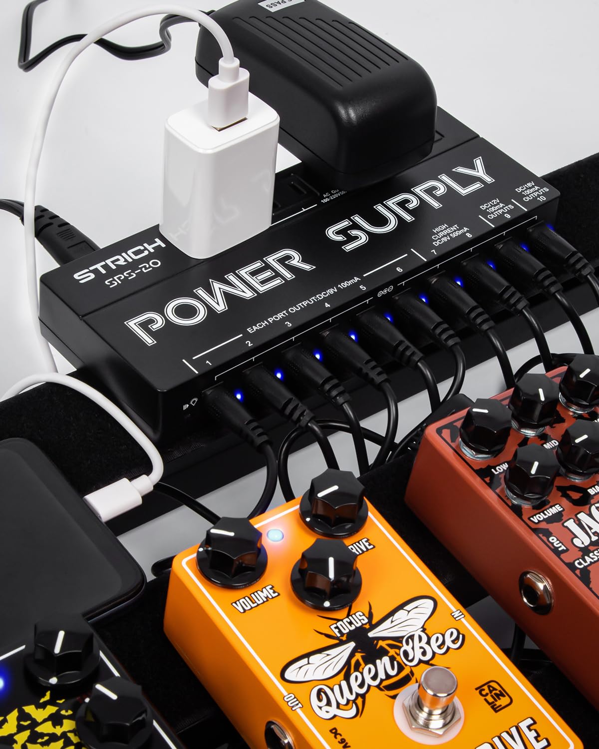 STRICH SPS-20 Guitar Pedal Power Supply, 10 Independent DC Output for 9V/12V/18V Guitar Bass Effect Pedals, 100mA 500mA Pedalboard Power Supply with Short Circuit Protection