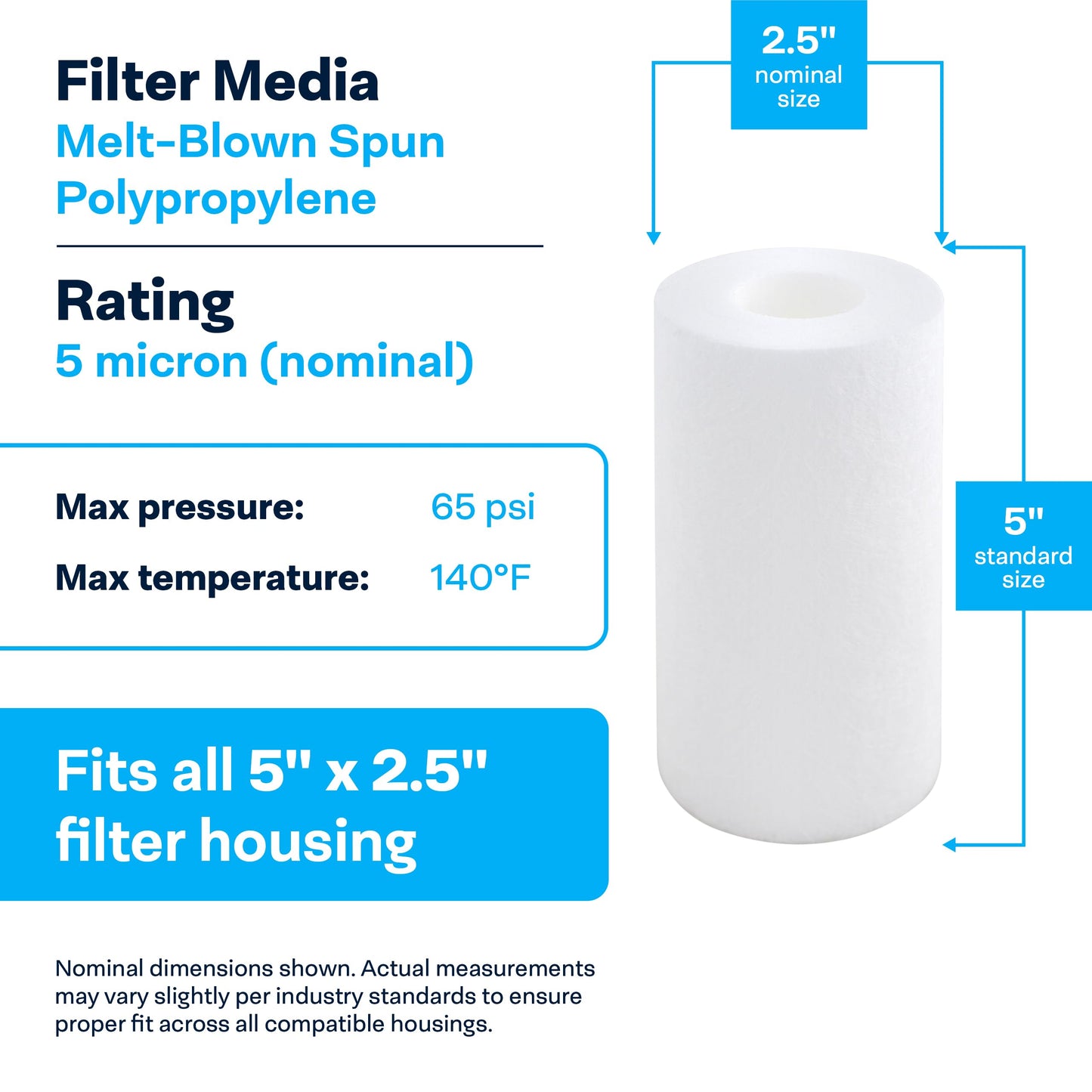 SpiroPure SP-P5-478 5x2.5 5 Micron Spun Melt-Blown Polypropylene Sediment Water Filter Cartridge SDC-25-0505 P5-478 155030-43 (Case of 24)