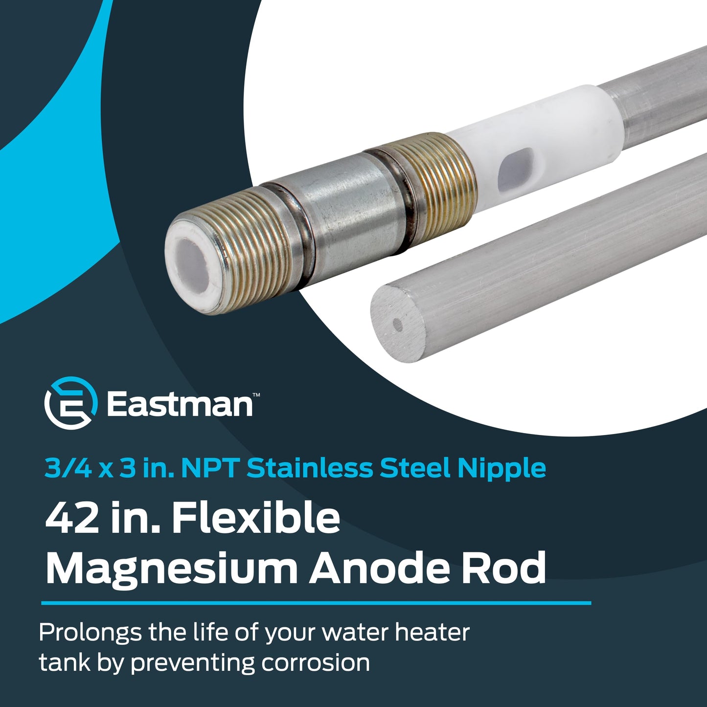 Eastman 42 Inch Flexible Magnesium Anode Rod, 3 Inch Nipple Fitting, Chrome, 60286