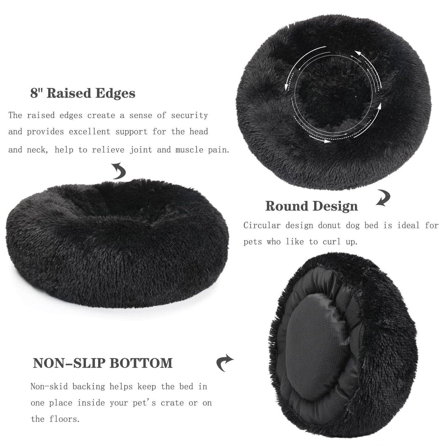 Black Dog Beds for Medium Dogs Washable Calming Bed for Dogs 28 Inches Black Calm and Anti Anxiety Faux Fur Round Medium Sized Pet Bed