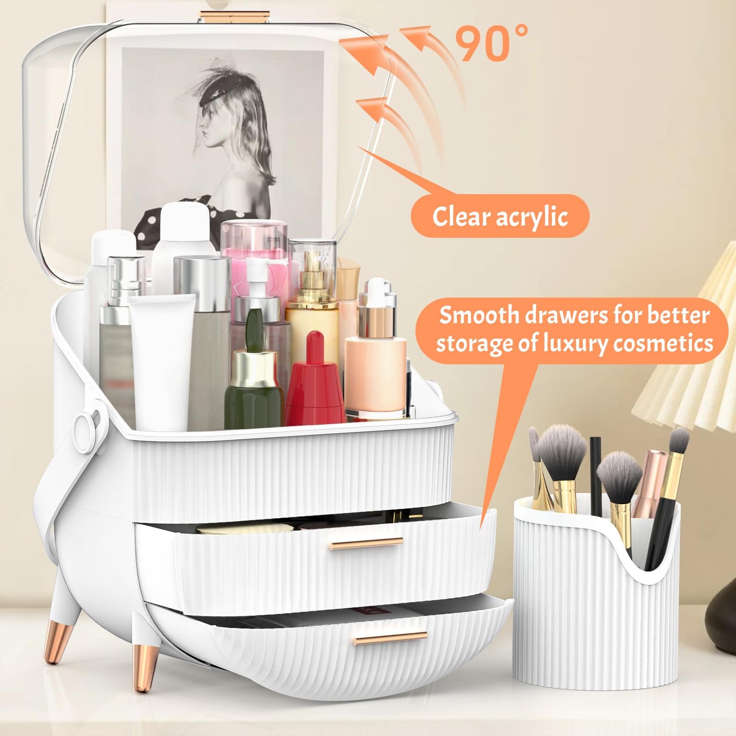 Forthee Makeup Organizer, Cosmetics Organizer Display Case with Two Drawers and Brush Storage Box, Skincare Organizer Box Suitable for Bathroom Countertop and Bedroom Vanity Dresser (White)