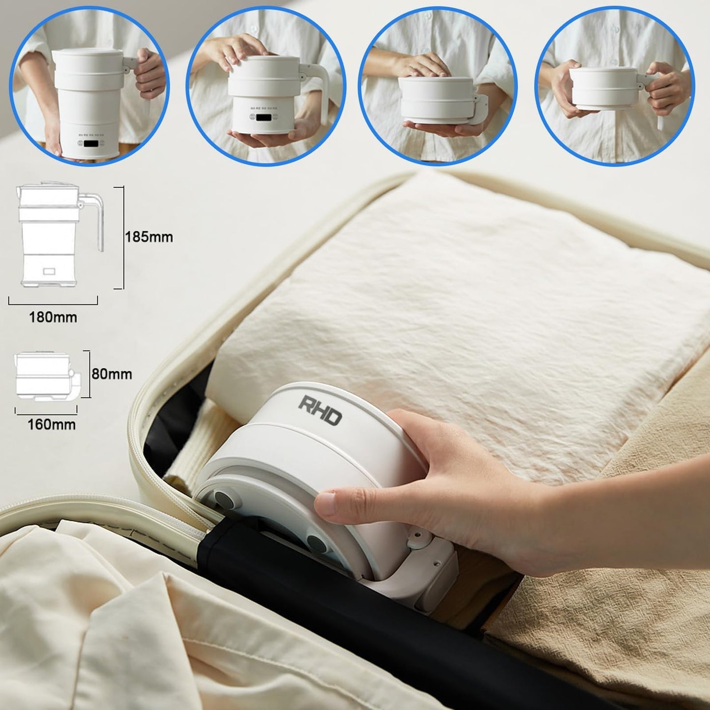 Foldable Travel Electric Kettle, 0.7L Small Portable Camping Hot Water Kettle with Temperature Control & LED Display, Collapsible Silicone Boiler for Outdoor Business Trip, 600W