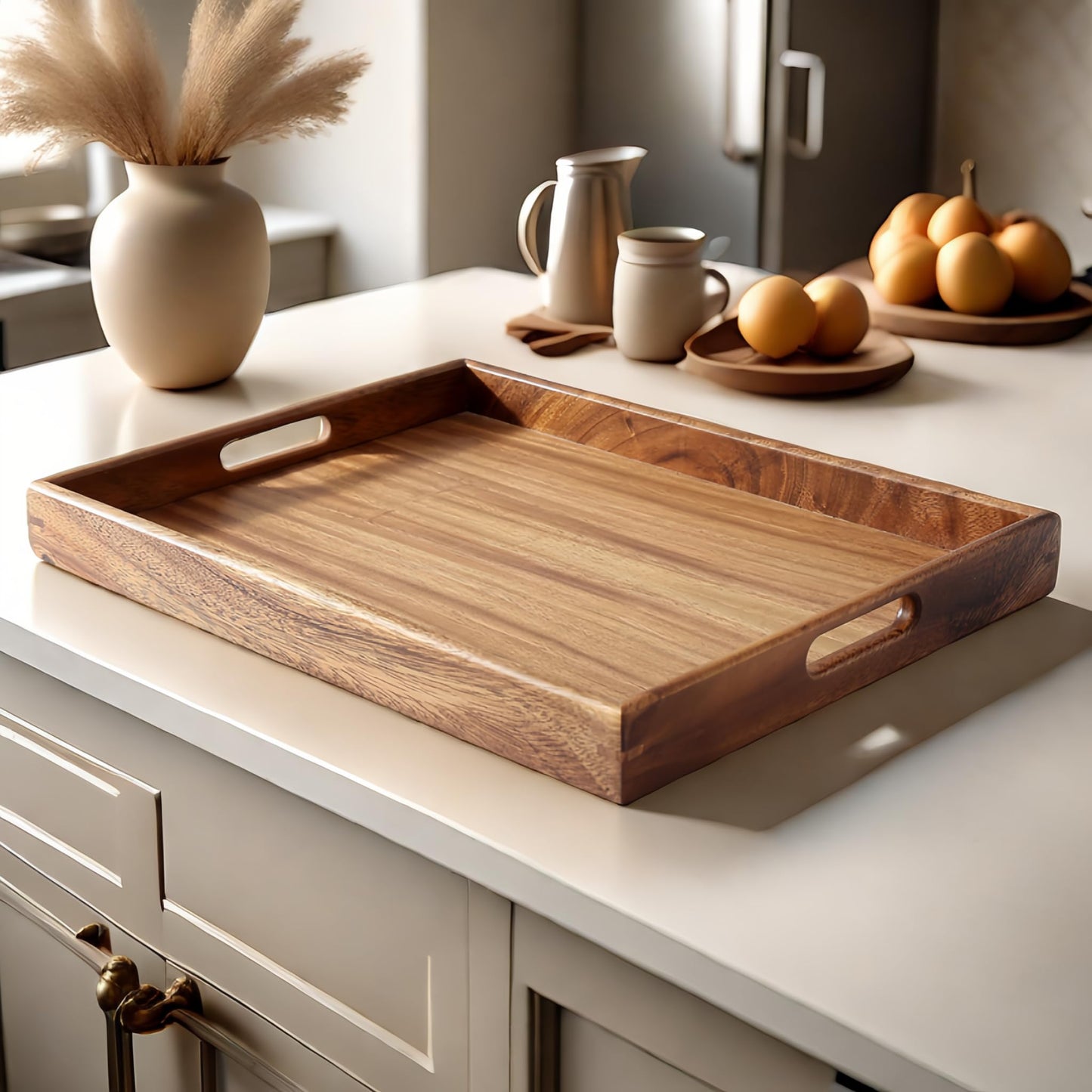 MOOKOMI Walnut Wood Serving Tray with Handles - Stylish Coffee and Food Tray for Home, Ottoman, or Dining Use(15.7 Inches)