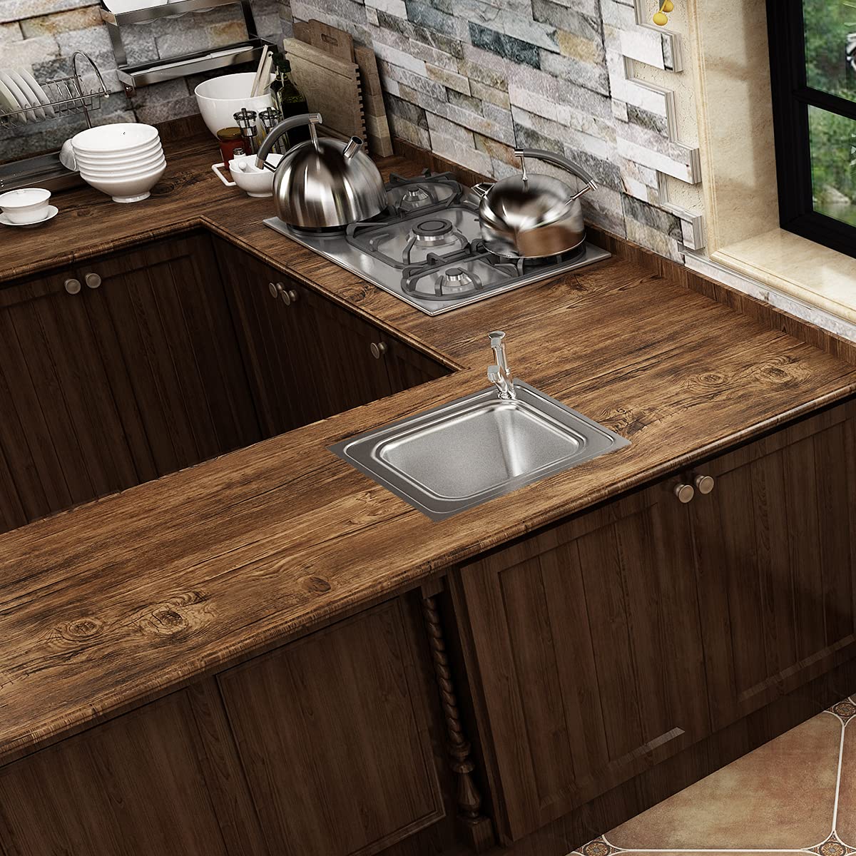 FunStick 24" x 200" Brown Wood Contact Paper for Cabinets Kitchen Countertops Rustic Wood Wallpaper Peel and Stick Distressed Wood Adhesive Paper Thick Wood Grain Removable Wallpaper for Furniture