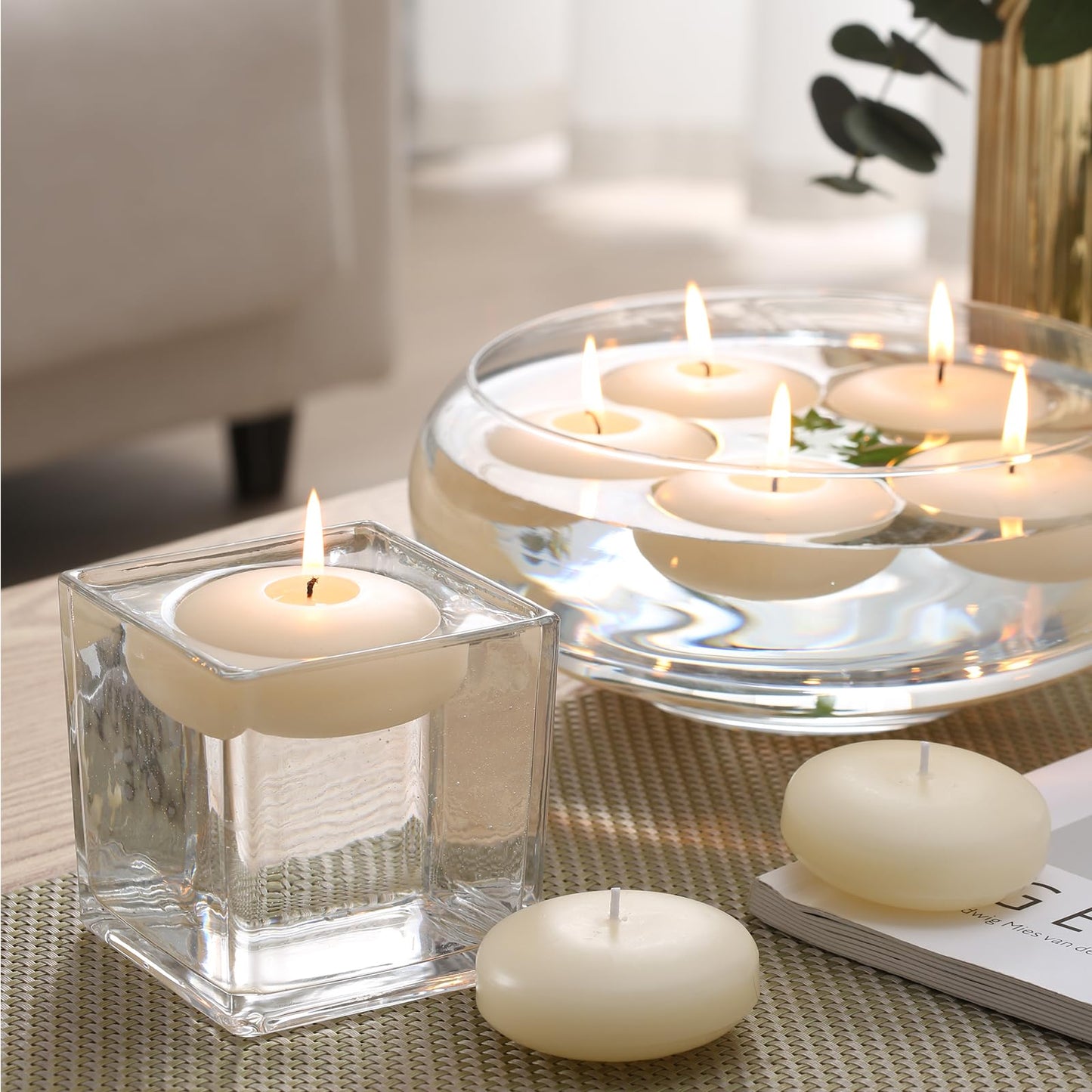 qinxiang 24 Pack Floating Candles, 3” Ivory Unscented Dripless Wax Burning Candles, for Cylinder Vases, Weddings, Party and Holiday
