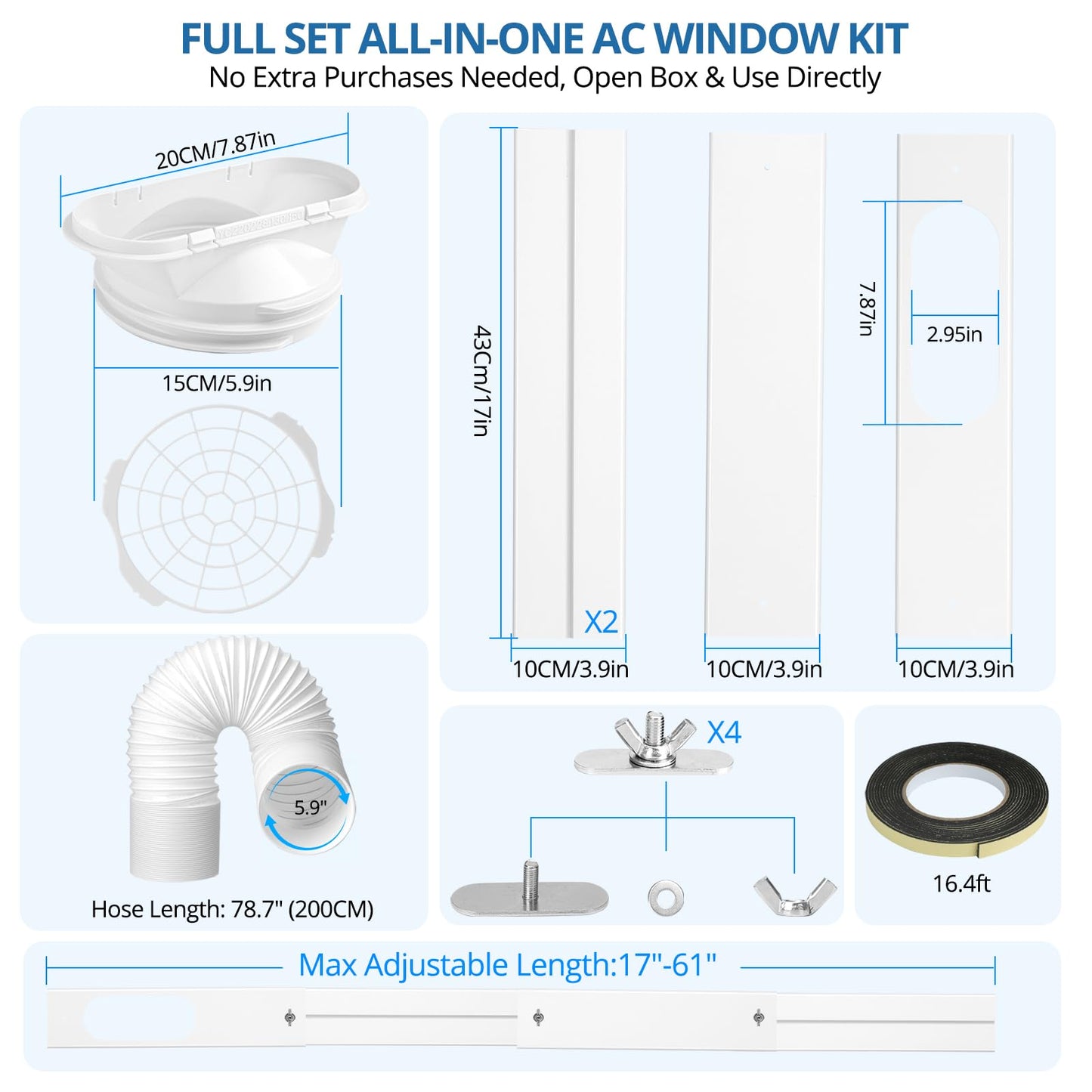 CRZFRI Portable AC Window Vent Kit, Universal Portable Air Conditioner Window Kit with 5.9x78.7 inch Anti-Clockwise Exhaust Hose, 3.9" W Adjustable Window Seal for Sliding Windows