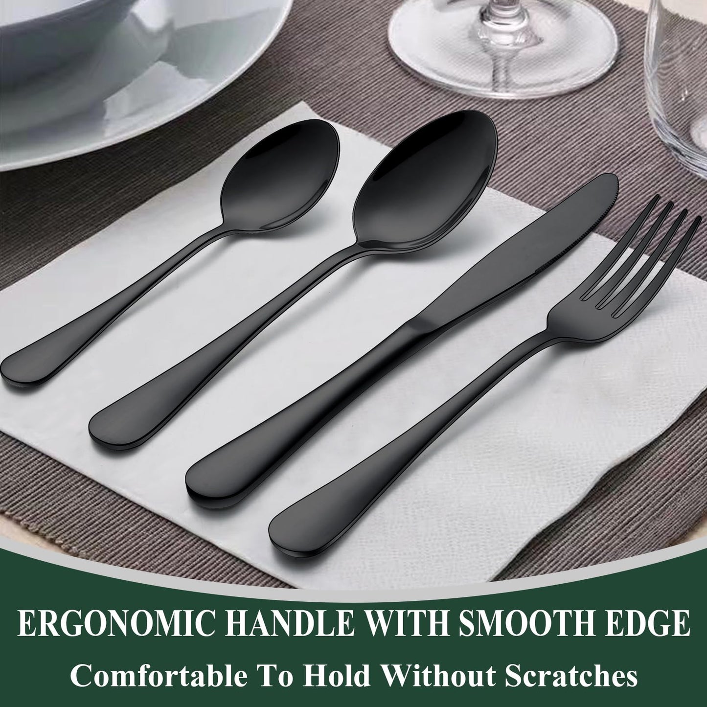 Wildone 60-Piece Black Silverware Set, Stainless Steel Flatware Cutlery Set Service for 12, Tableware Eating Utensils Include Knives/Forks/Spoons, Mirror Polished, Dishwasher Safe