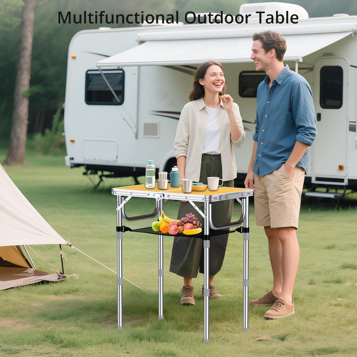Anbte 2ft Folding Camping Table, 3 Adjustable Heights High 27.5" Aluminum Small Folding Table with Carrying Handle, Portable, for Outdoor Indoor Picnic Beach BBQ Travel, 24" x 16", Light Oak Grain